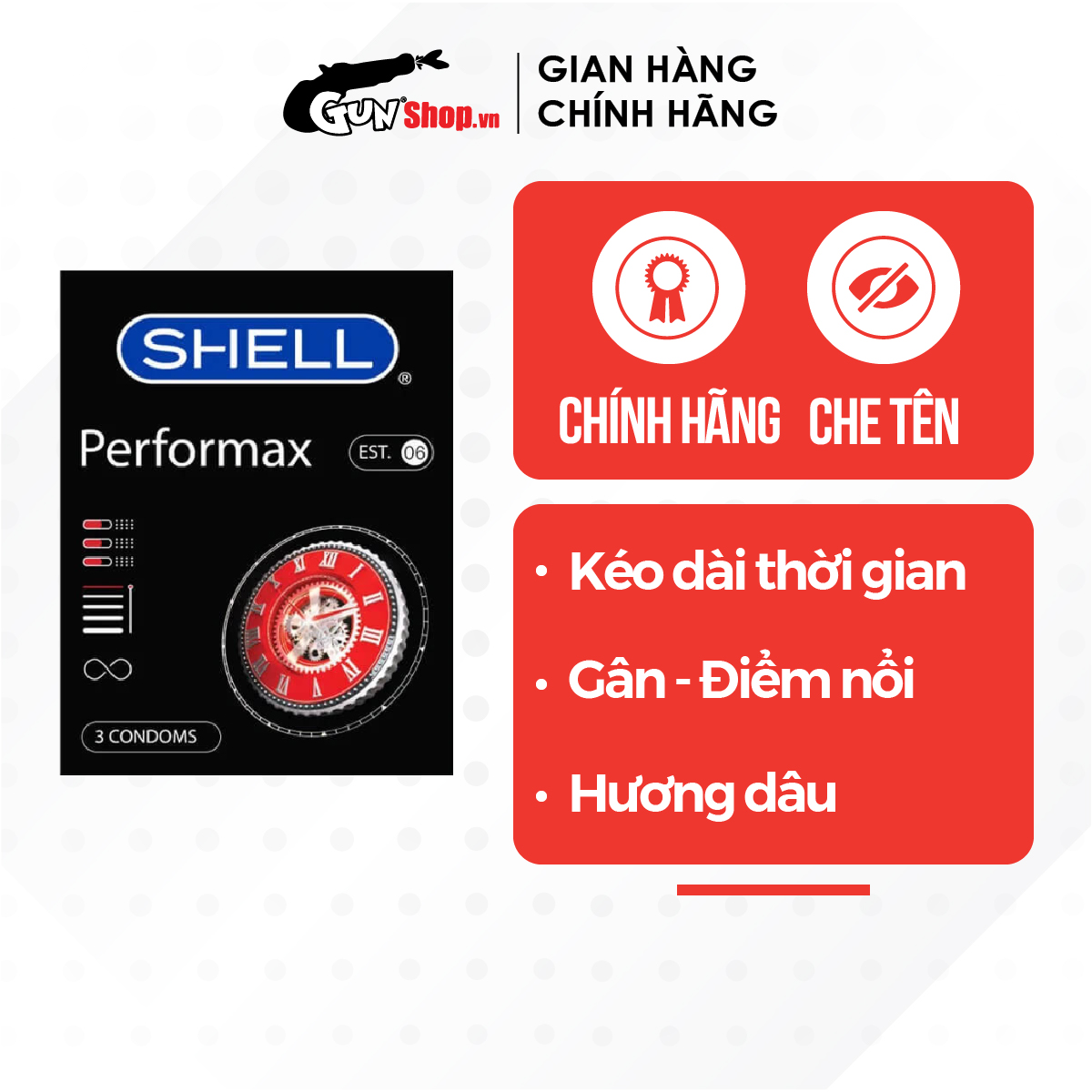 Bao cao su shell performax 6 in 1 kéo dài thời gian, gân điểm nổi - hộp 3 cái | gunshop việt nam