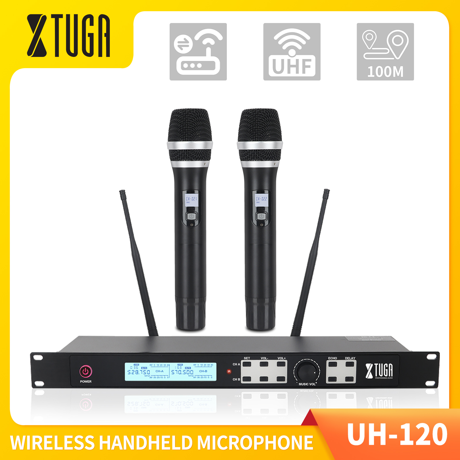 Hệ thống micro không dây xtuga uh-120 với micro động cầm tay không dây kép uhf tích hợp hiệu ứng echo & delay, phạm vi hoạt động 328 ft, sử dụng để hát tv, pc, điện thoại, loa, hệ thống pa