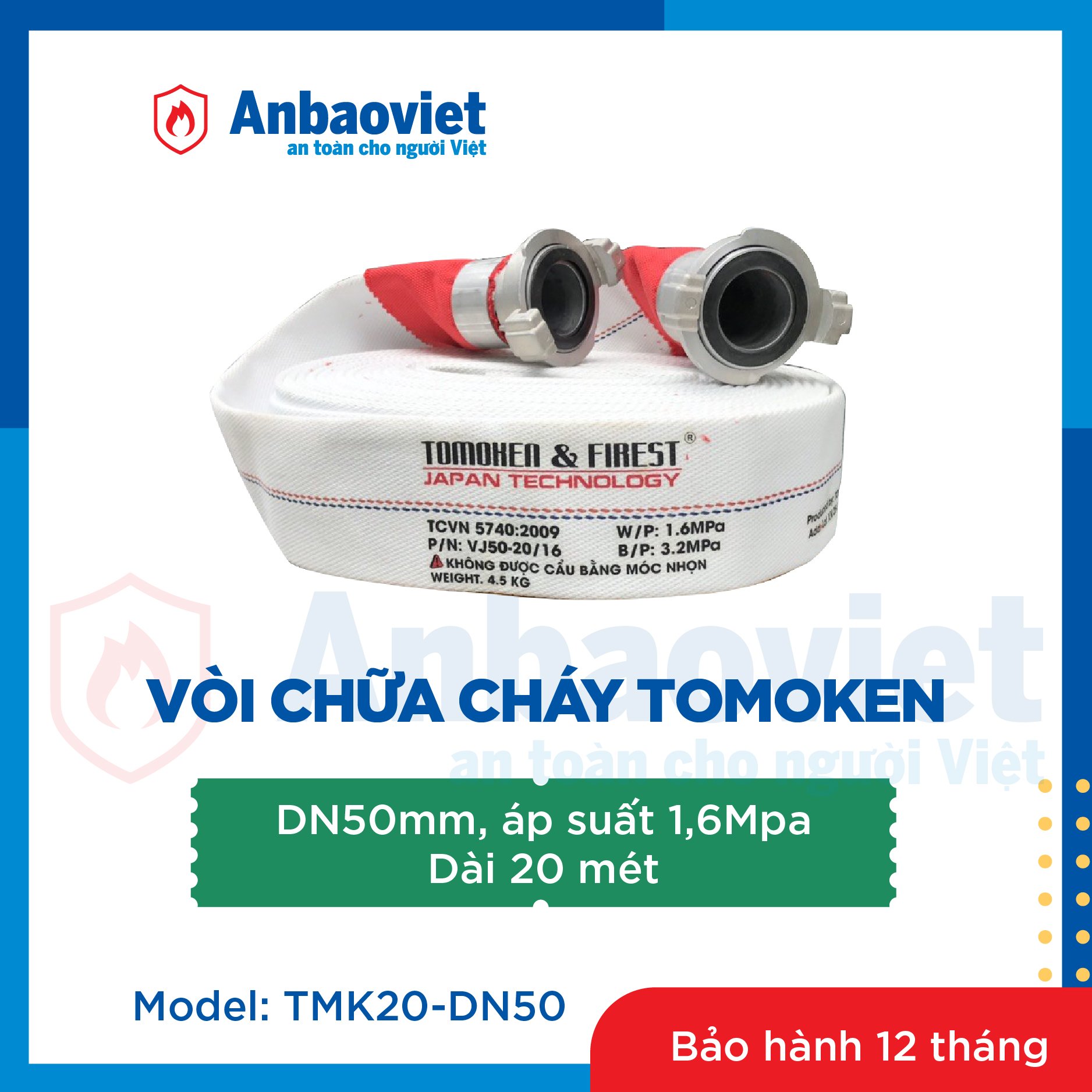 Vòi chữa cháy, vòi cứu hỏa Tomoken - Firest dài 20 mét, áp suất nước 16 bar, bao gồm khớp nối. Sản phẩm có tem kiểm định