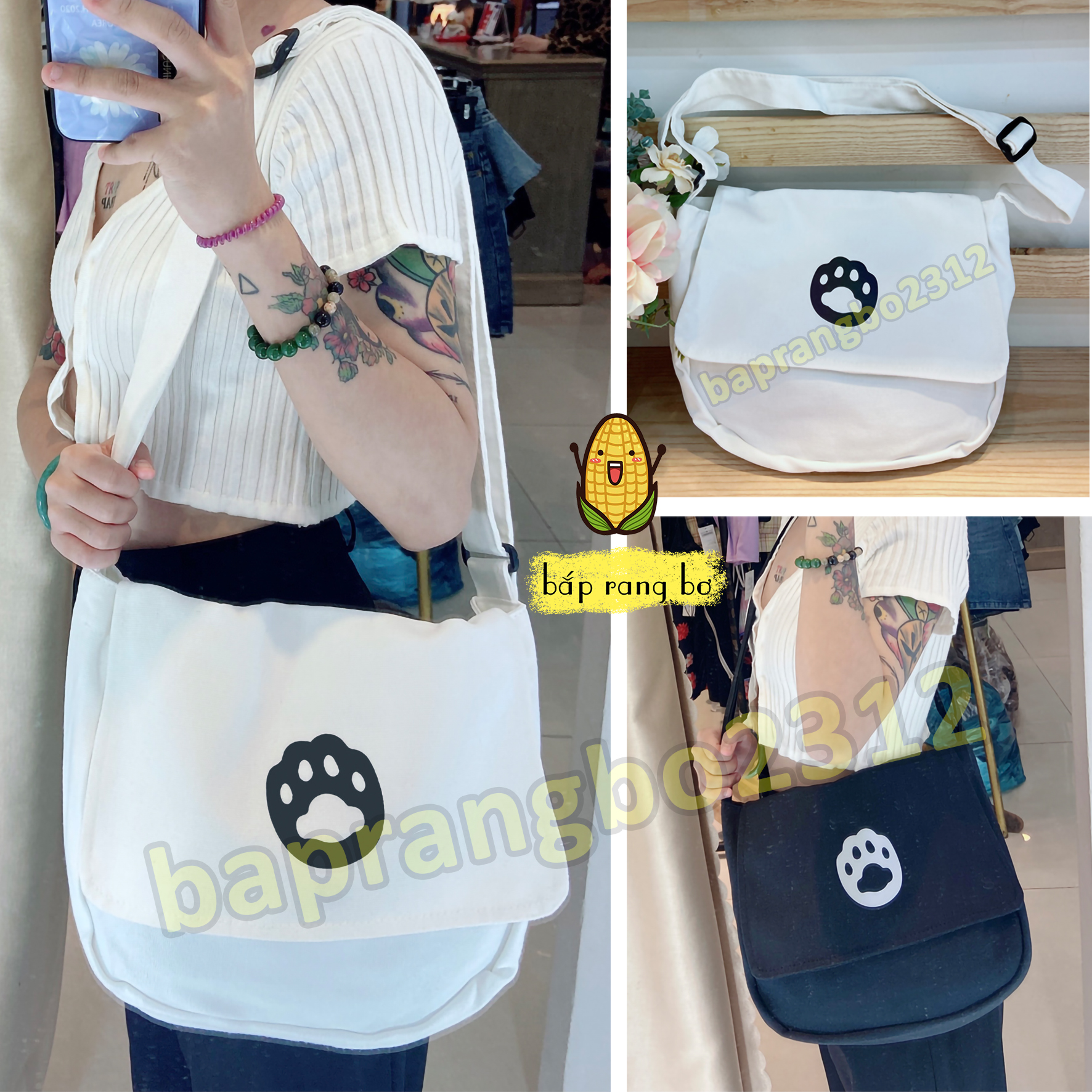 TÚI TOTE ĐEO CHÉO [ PHẢN QUANG] CHÂN MÈO VẢI CANVAS PHONG CÁCH ULZZANG