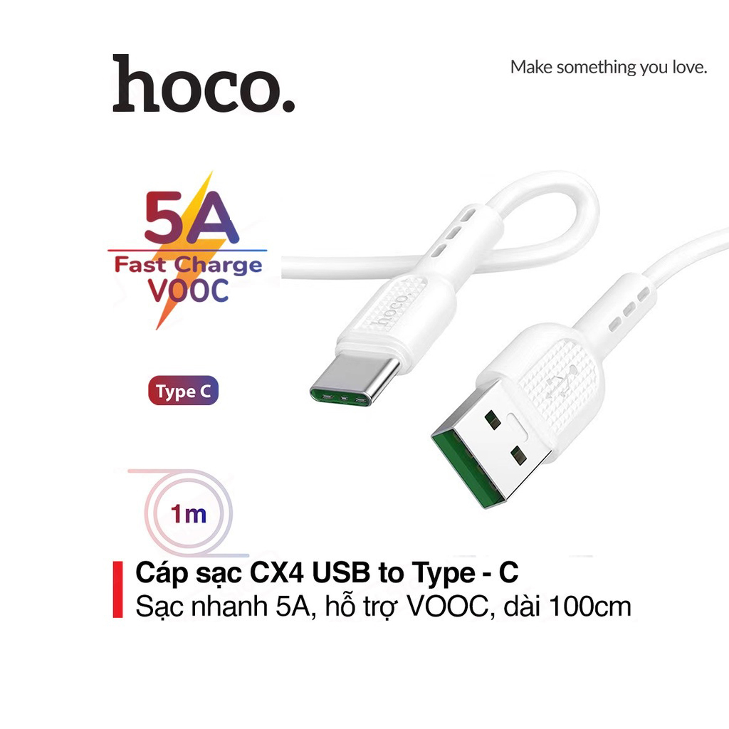 Dây sạc hoco cx4 chân type-c dây dẻo siêu bền sạc nhanh 5a, vooc cho android dài 1m