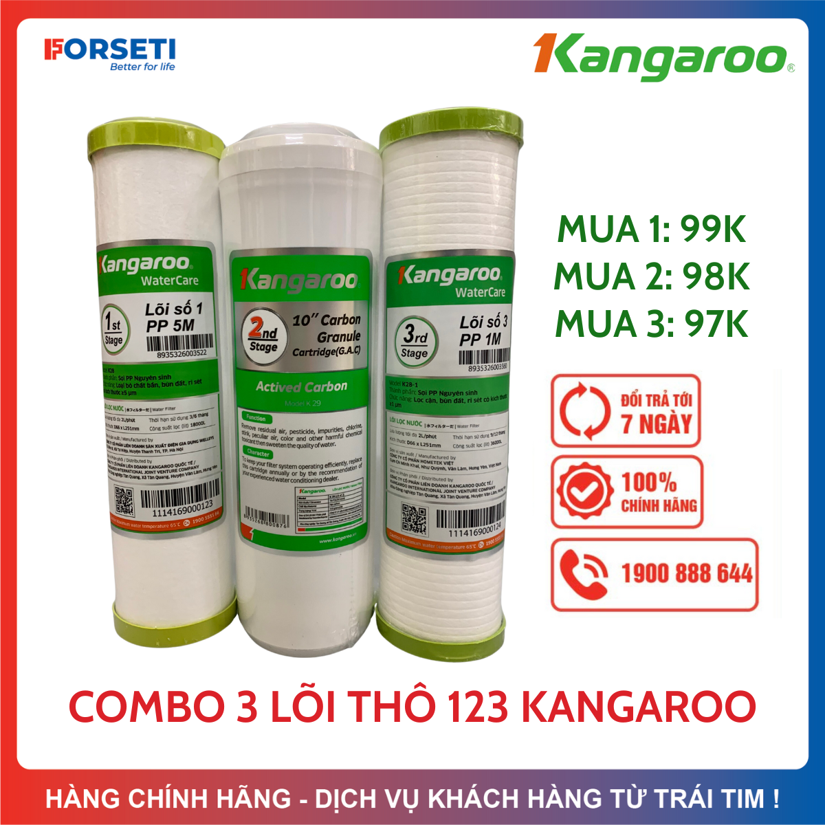 Combo 3 Lõi Lọc Thô 123 KANGAROO Nhất tự chụp