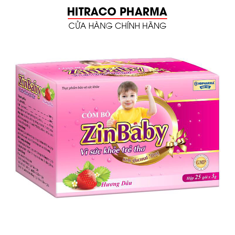 Cốm ăn ngon tăng sức đề kháng cho bé từ 1 tuổi ZinBaby - Hộp 25 gói hương dâu bổ sung kẽm canxi lysin