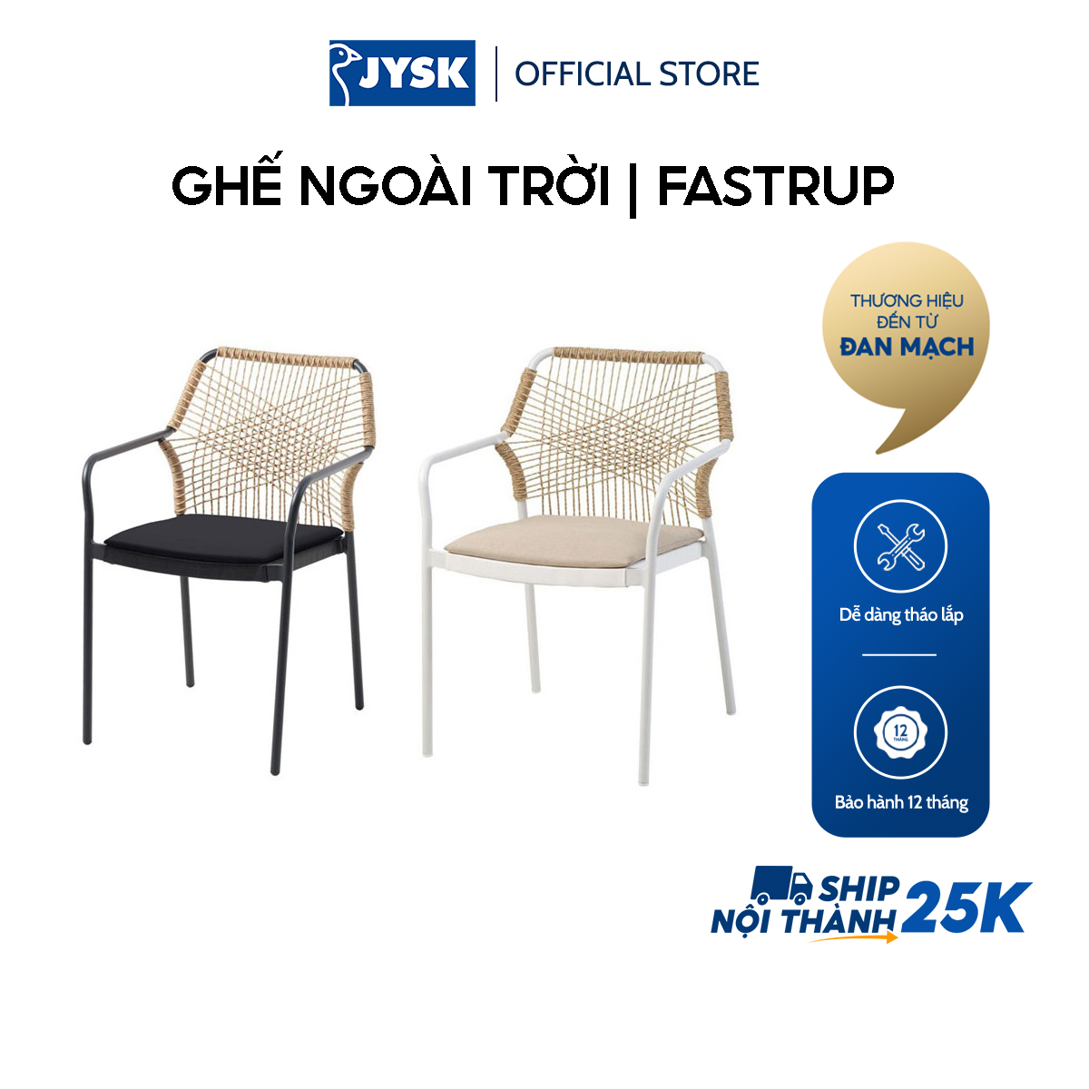 Ghế ngoài trời | JYSK Fastrup | nhôm/polyester | đen/trắng | R56xS60xC85cm