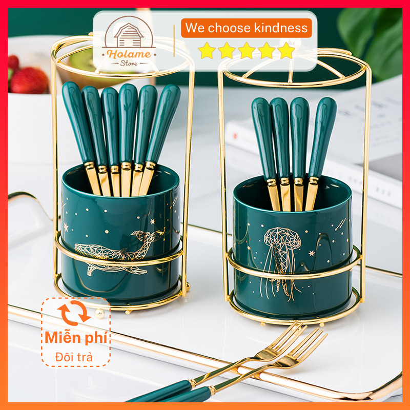 Dĩa ăn hoa quả, lọ sứ đựng 6 dĩa inox 304 màu xanh cổ vịt dùng cho bàn ăn phong cách Bắc Âu sang trọng