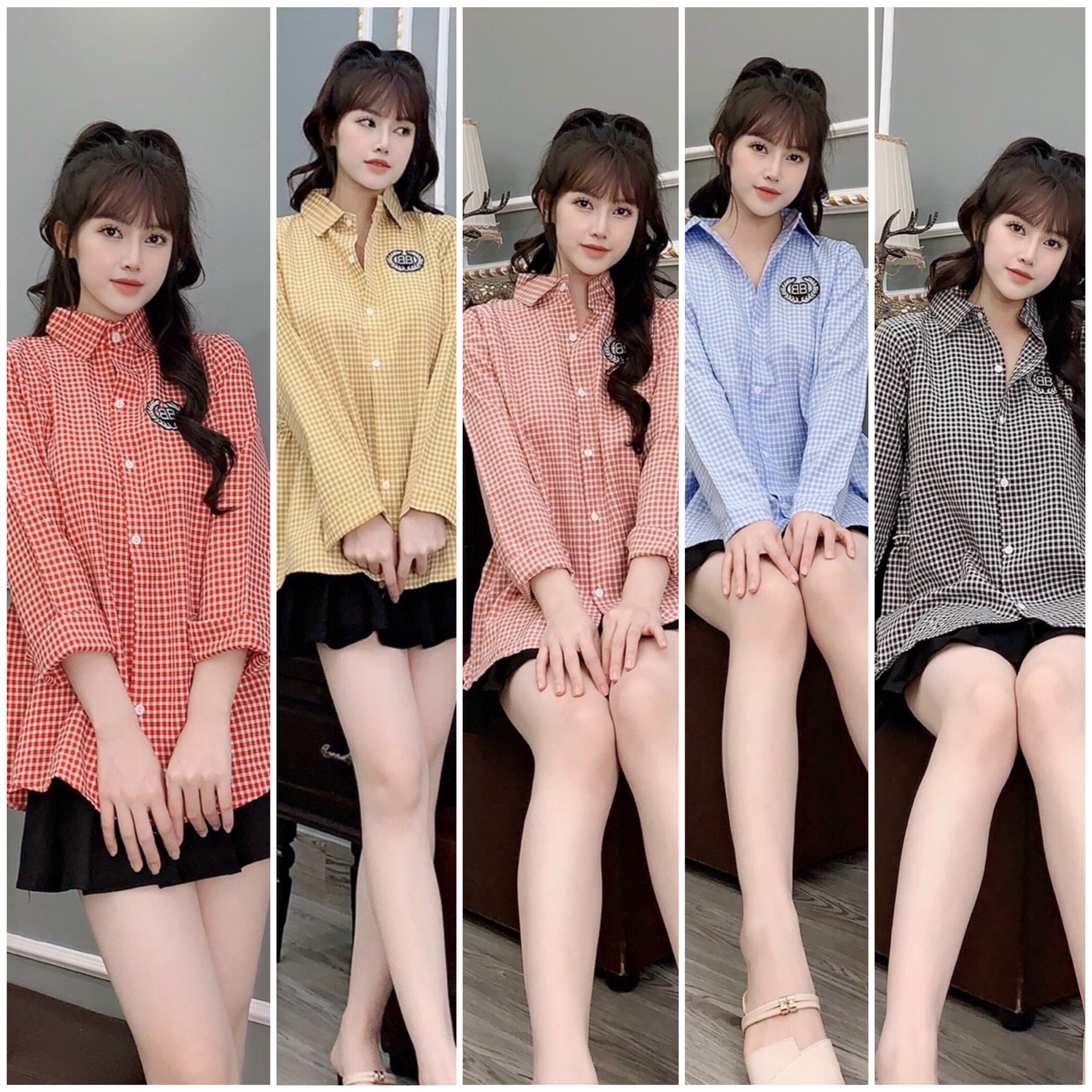 Áo bầu dài tay thu đông kẻ karo dáng sơ mi nhiều màu Xoài Boutique