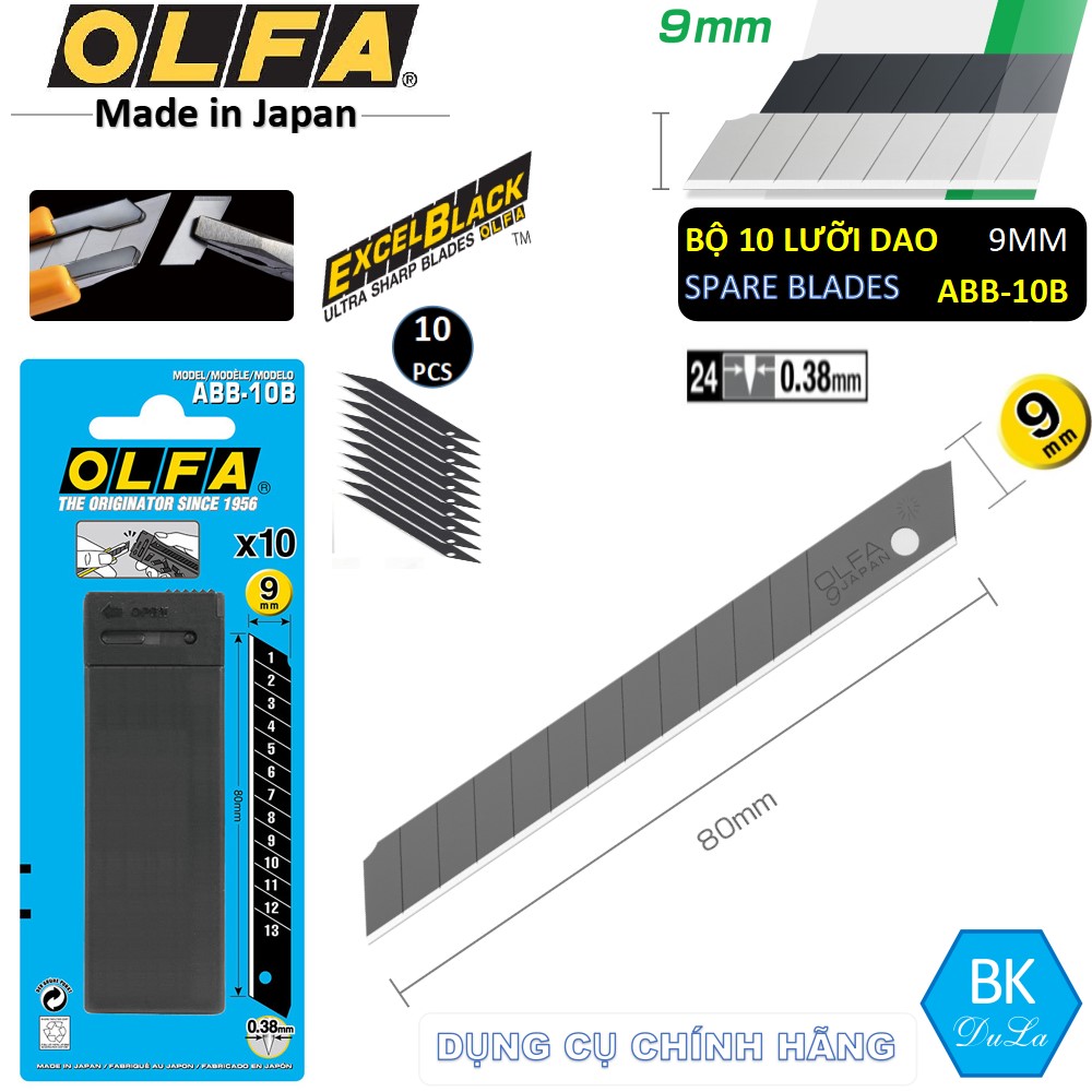 Bộ 10 lưỡi dao cắt excel black ™ 9mm nhật olfa abb-10b- màu đen