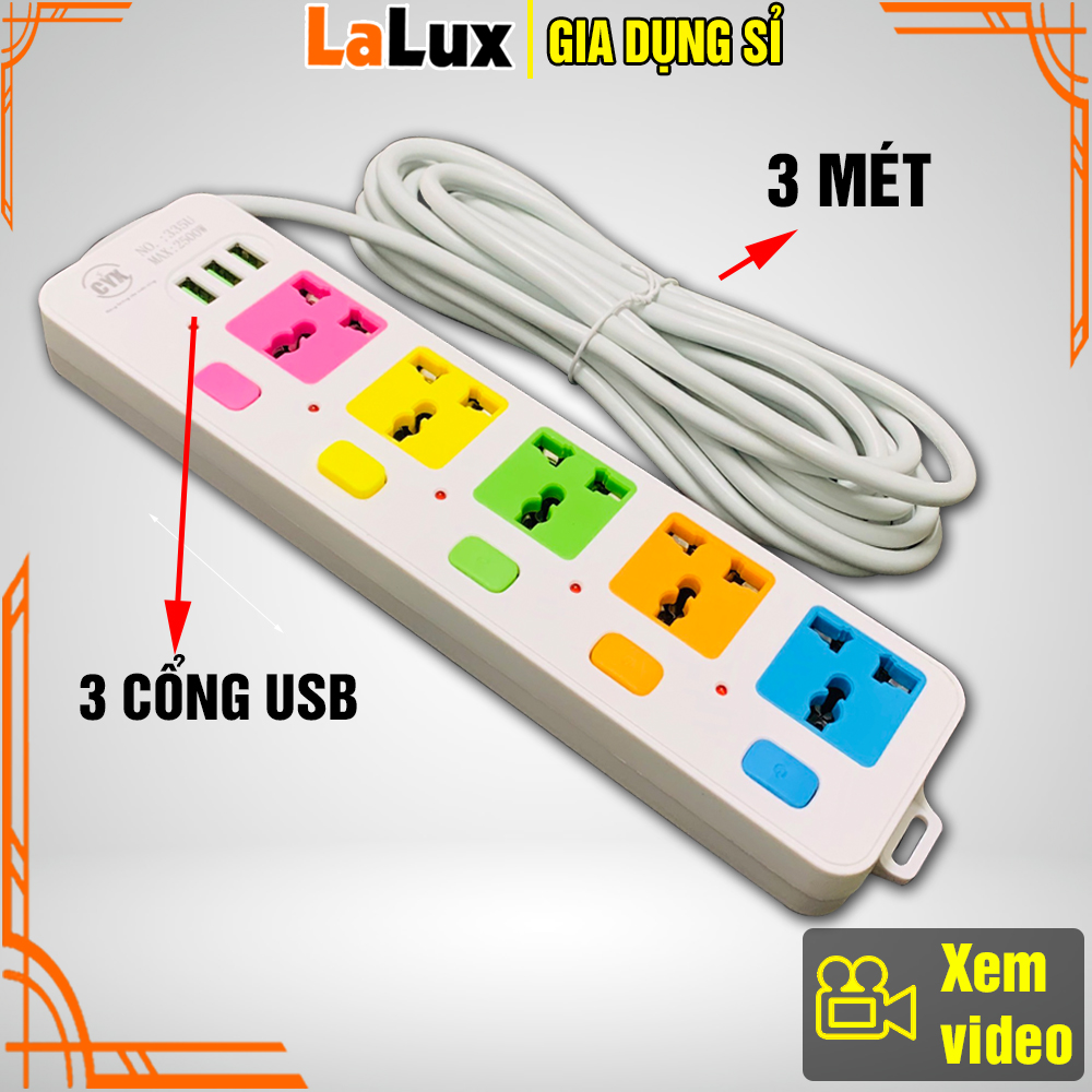 Ổ Cắm Điện Đa Năng CYX 335U Dây Dài 3 Mét - Ổ Cắm Điện Thông Minh 5 Phích 3 Cổng Sạc USB, Ổ Cắm USB - Gia Dụng Thông Minh LALUX