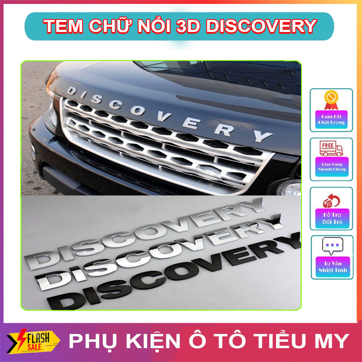 Tem chữ nổi discovery 3d dán nắp capo ô tô, tem discovery trang trí xe hơi nhựa abs mạ crom cao cấp