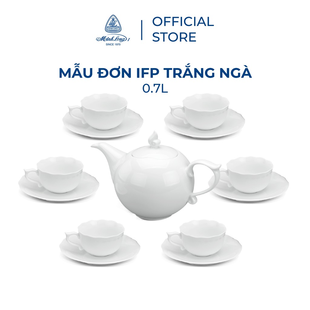 Bộ ấm, chén trà sứ minh long 0.7 l - mẫu đơn ifp - trắng ngà