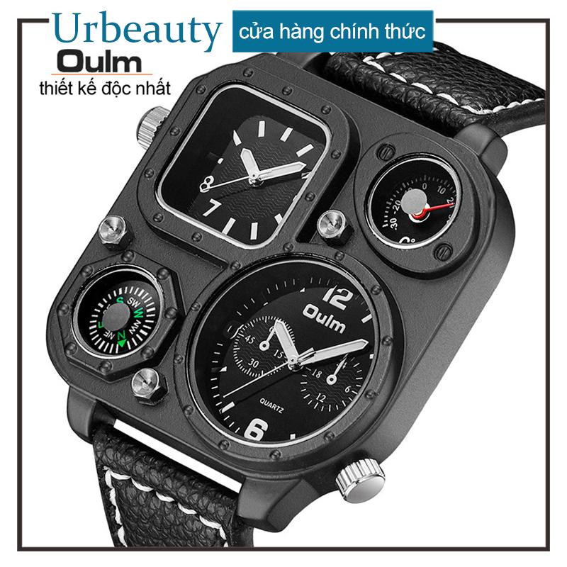 【Urbeauty】Oulm Đồng hồ đeo tay cao cấp dành cho nam Đồng hồ thời trang Quartz Đồng hồ mặt số lớn Mặt đồng hồ hai múi giờ