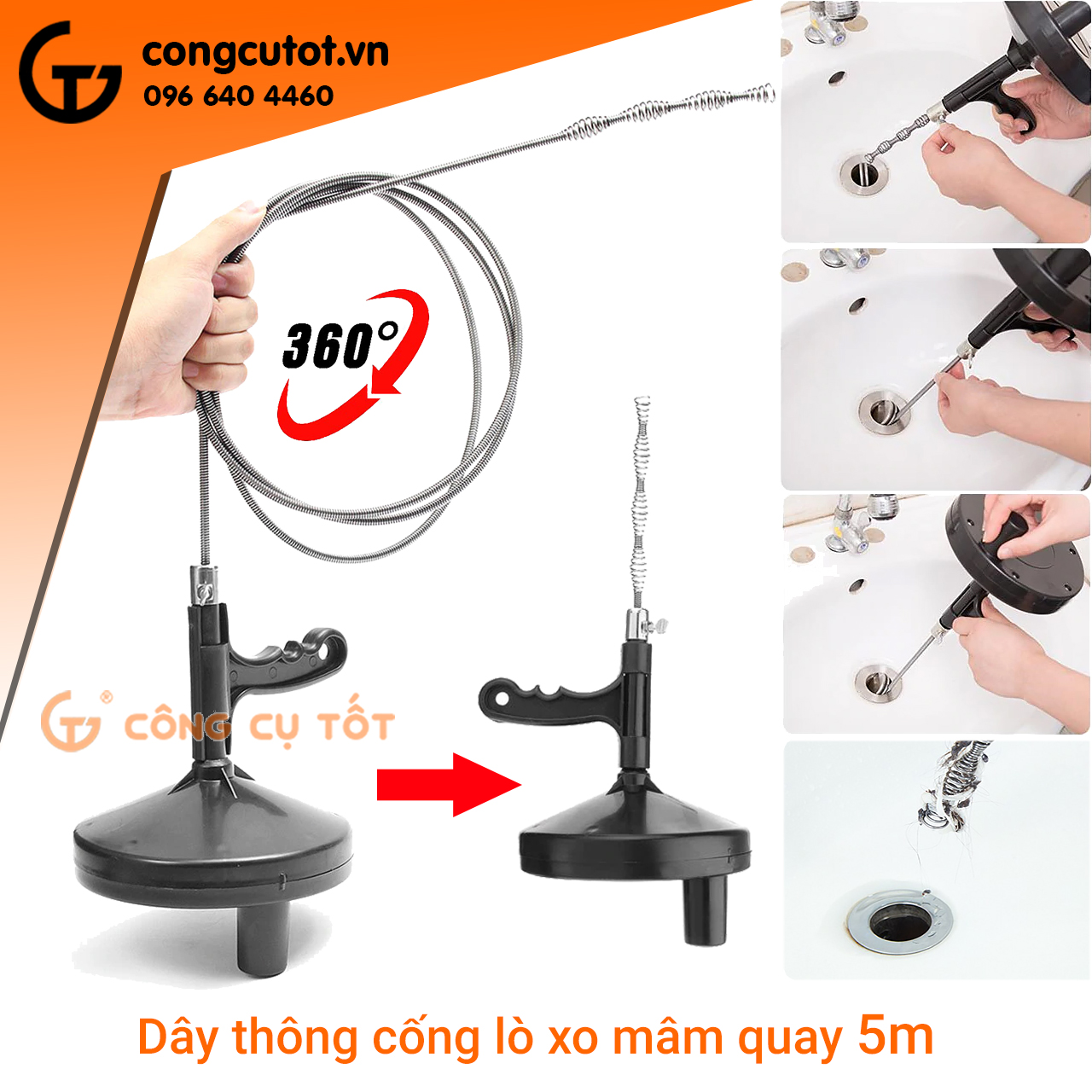 Dụng cụ thông tắc cống, tắc bồn cầu, chậu rửa, nhà tắm... dây dài 5m, 4m