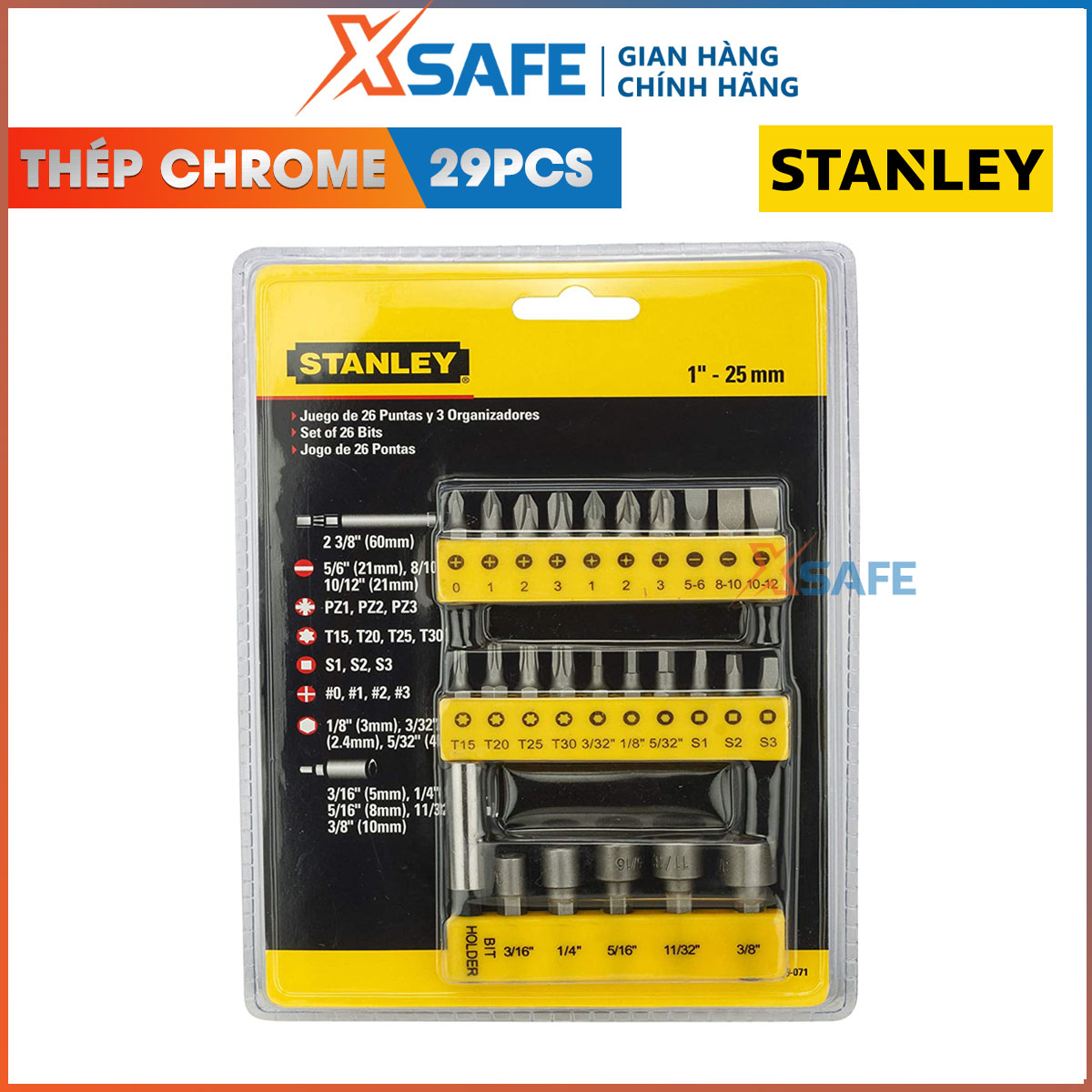 Mũi vặn vít bộ STANLEY 68-071-23 29 chi tiết Mũi vặn vít mũi vít làm bằng mà thép chrome vanadi cao cấp, lớp chống oxy hóa và chống ăn mòn bao phủ bên ngoài, thiết kế gọn nhẹ, công nghệ hiện đại