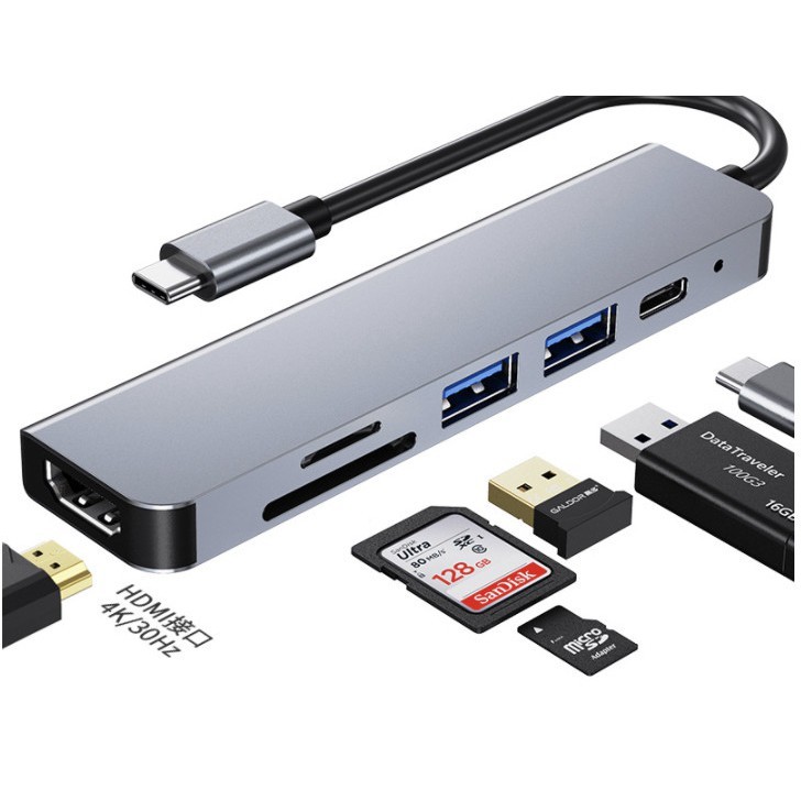 Cáp chuyển đổi macbook - surface - laptop: typec sang hdmi + usb + thẻ nhớ sd + pd sạc 6in1