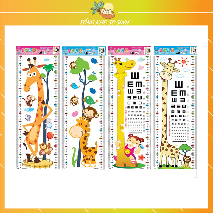 Decal thước đo chiều cao và thị lực dán tường ngộ nghĩnh cho bé, dụng cụ dán tường đo chiều cao và thị lực cho bé