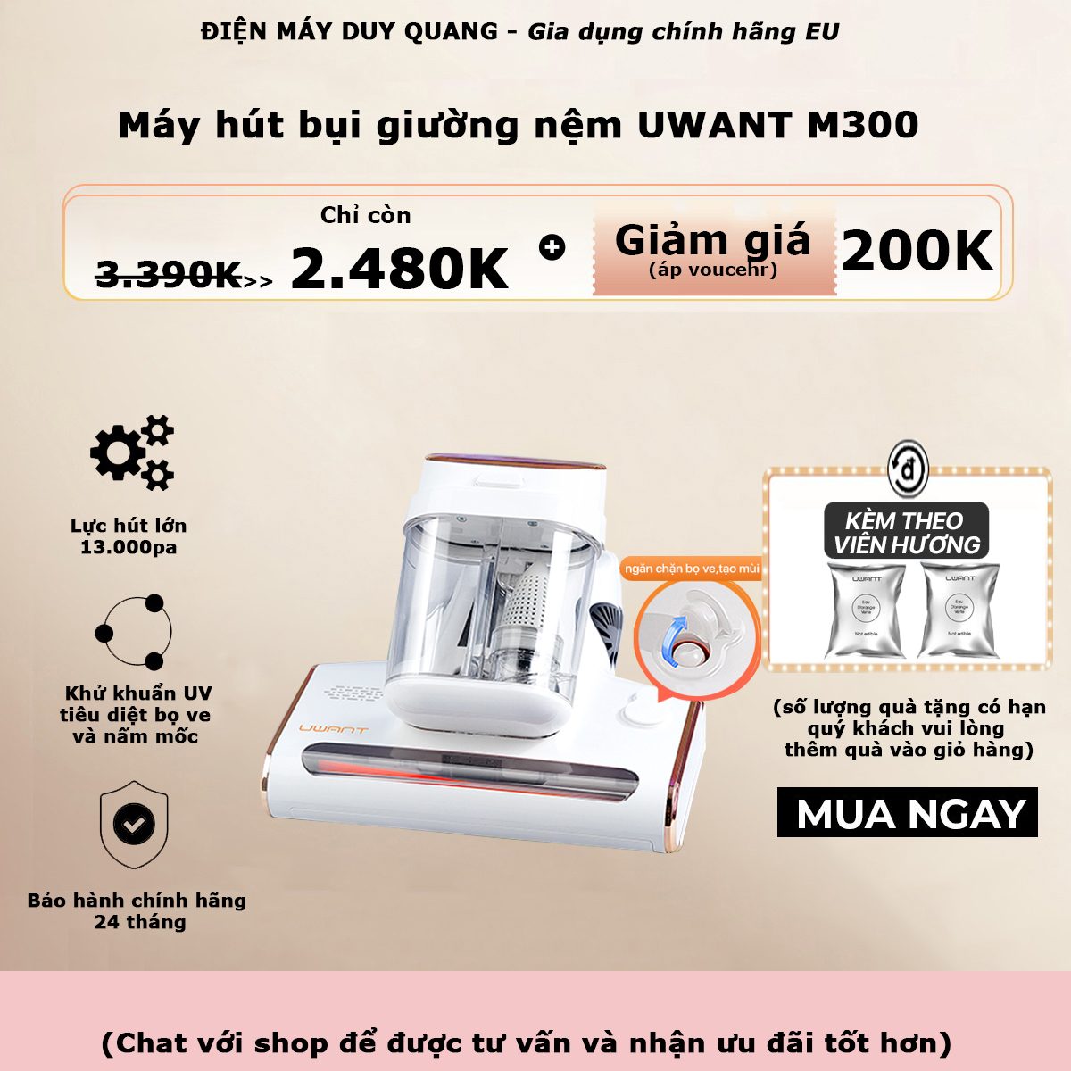 Máy hút bụi giường đệm khô và ướt diệt khuẩn UV UWANT M300 - Hàng nhập khẩu
