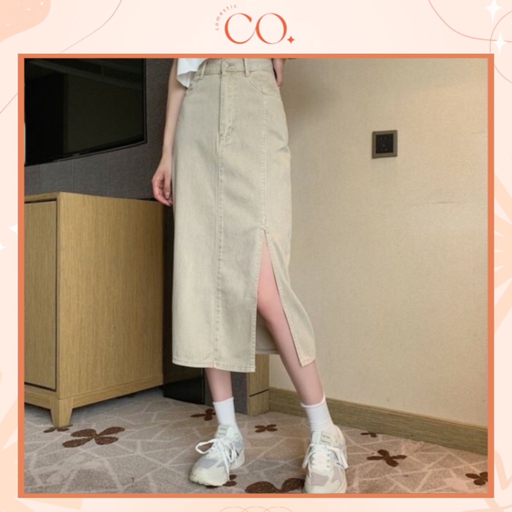 Chân váy jean cap cao, Chân váy dài xẻ sườn phong cách Ulzzang