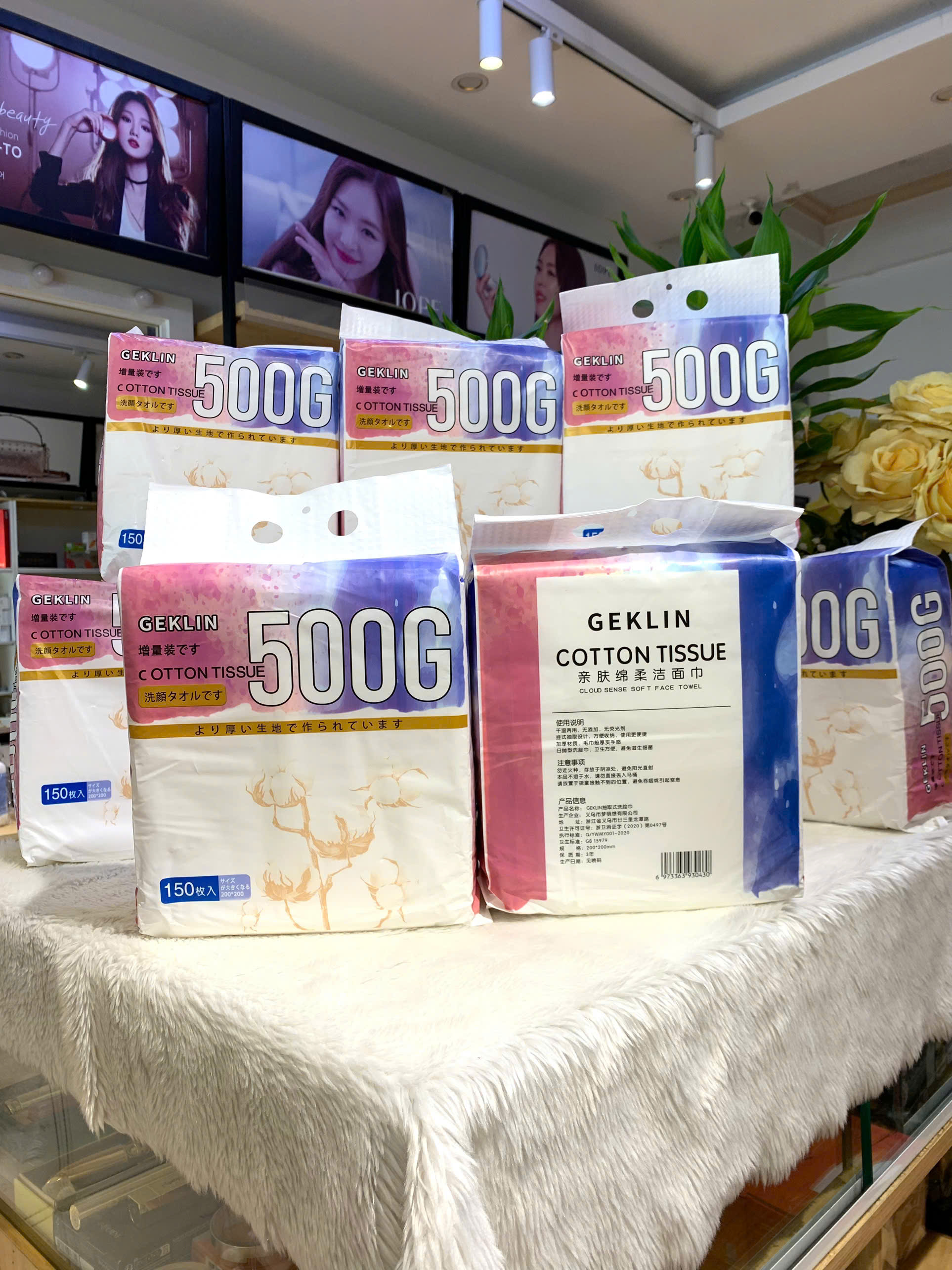 Khăn Geklin Cotton Tissue 500g: Khăn lau đa năng 150 khăn/túi