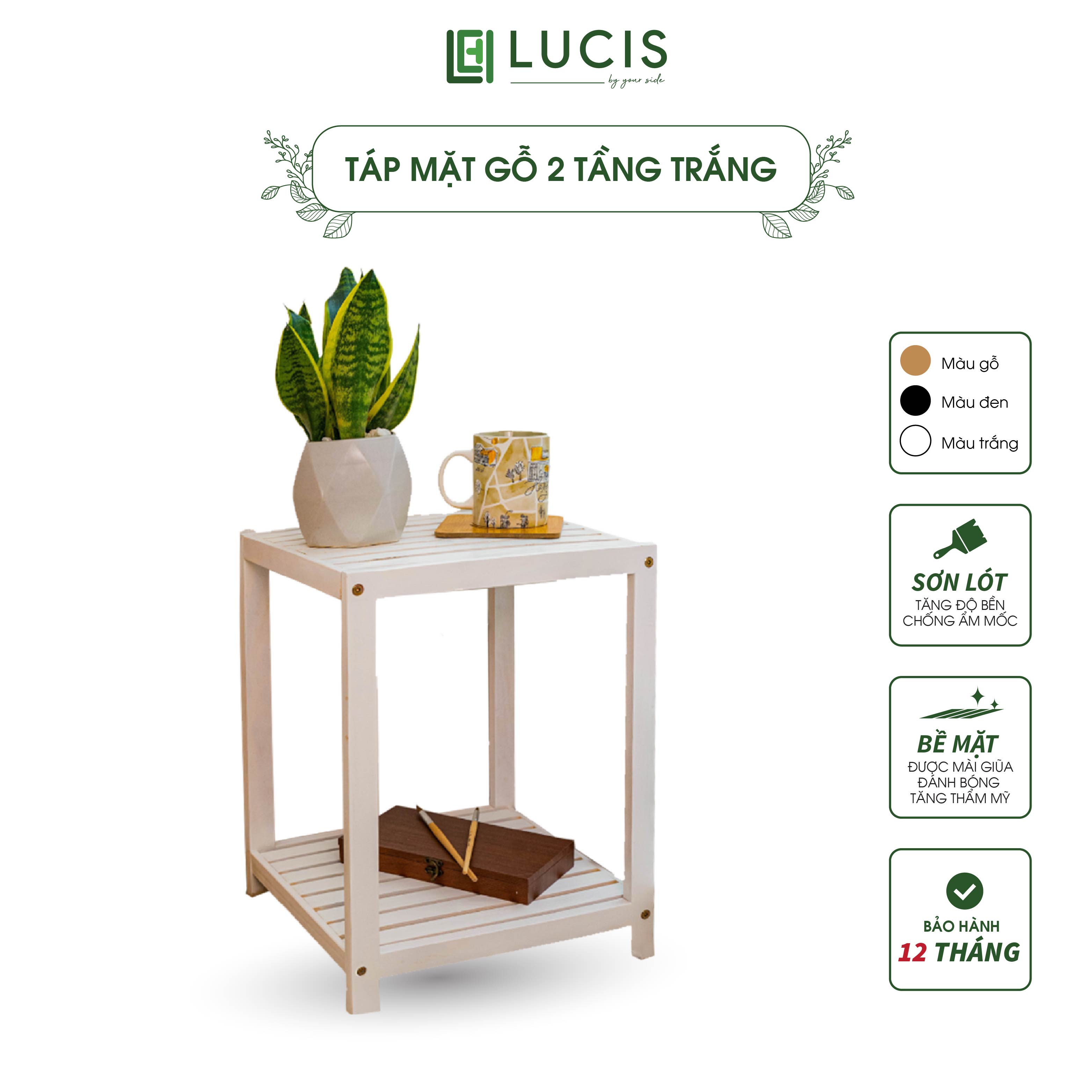 Kệ táp đầu giường nội thất phòng ngủ gỗ thông màu trắng LUCIS - kệ gỗ vuông 2 tầng để đèn ngủ đầu giường