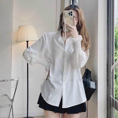Áo sơ mi nữ dài tay trắng đi học, đi làm cổ bẻ form rộng vừa, bo nhún cổ tay vải lụa mềm mát