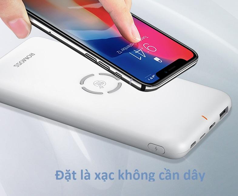Pin dự phòng không dây - Sạc không dây đa năng Romos WL1A siêu đẹp thông minh chuẩn Qi kiêm pin dự phòng 10000 mAh cho Iphone 8, iphone X, iphone Xs Max, Samsung Galaxy S9, Note8, Note 9