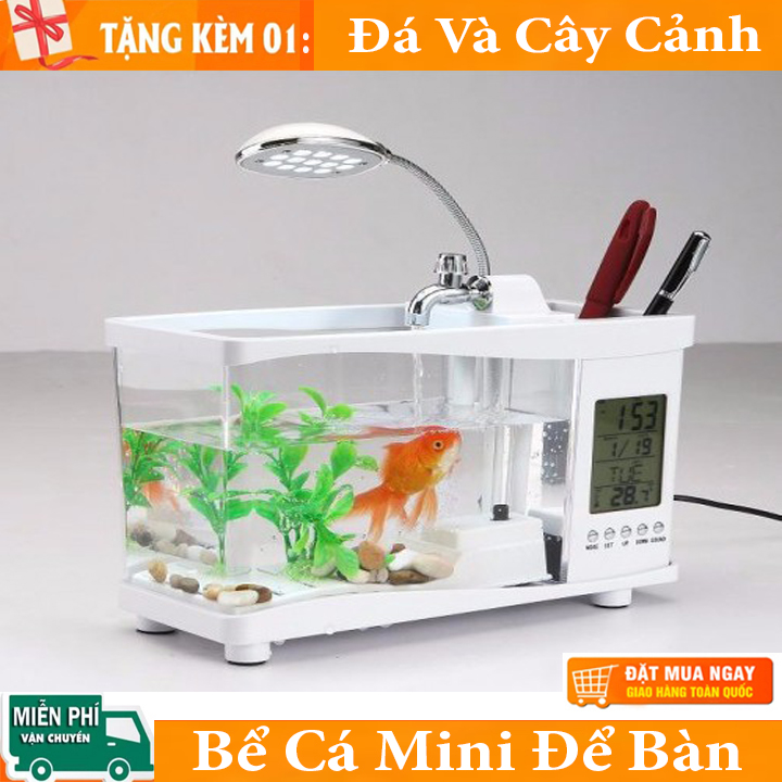 Bể Cá Mini - Bể cá mini để bàn, Hồ cá mini để bàn có đèn LED hiển thị thứ ngày tháng, nhiệt độ môi trường, âm thanh PT Store