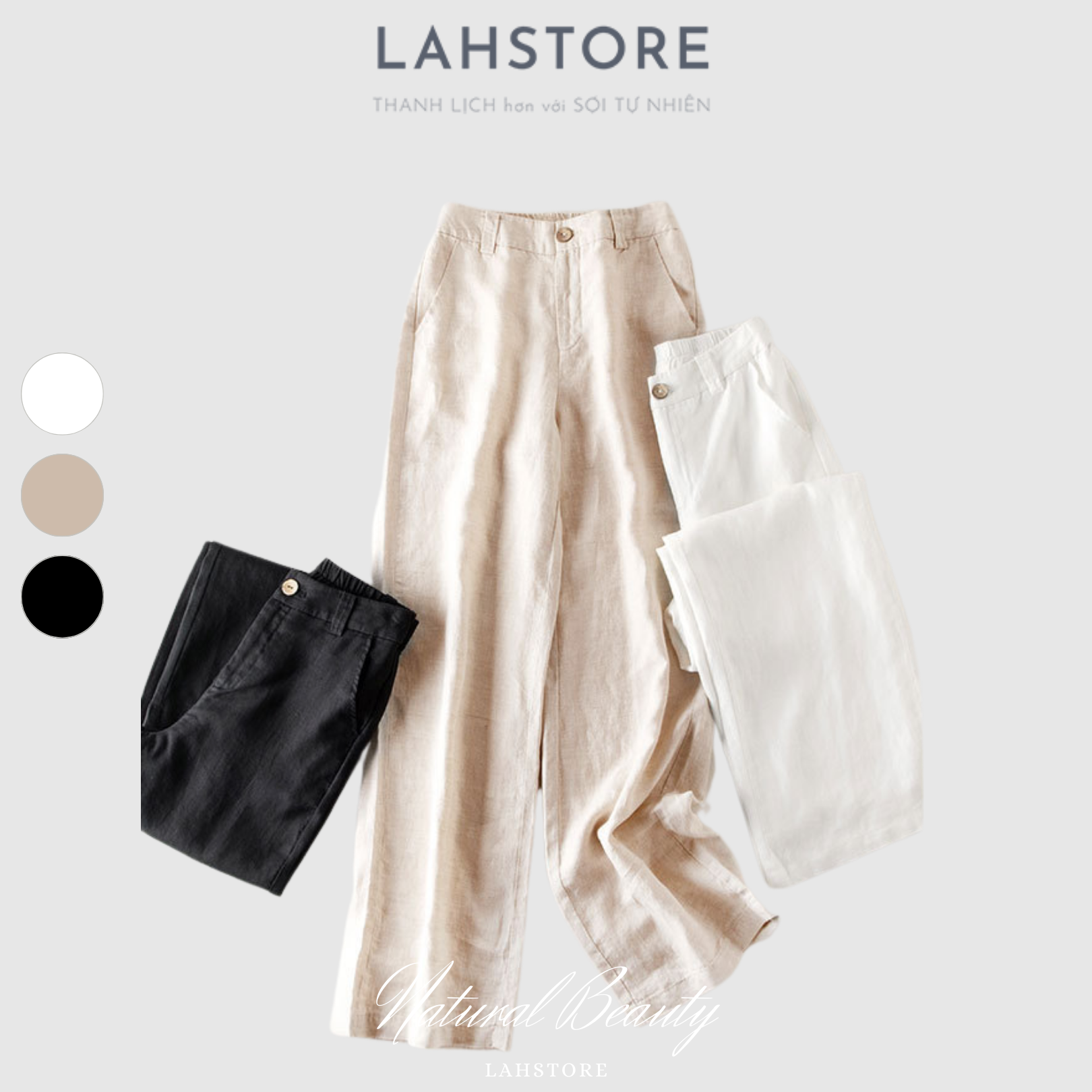 VOUCHER 15% - Quần dài suông linen Hàn ống rộng cạp cao lưng thun dành cho nữ LAHSTORE QDNOR01 (Đen, Trắng, Be, Hồng)