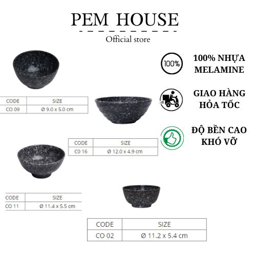 Chén Nhựa Melamine Vân Đá Đen Nhiều Size
