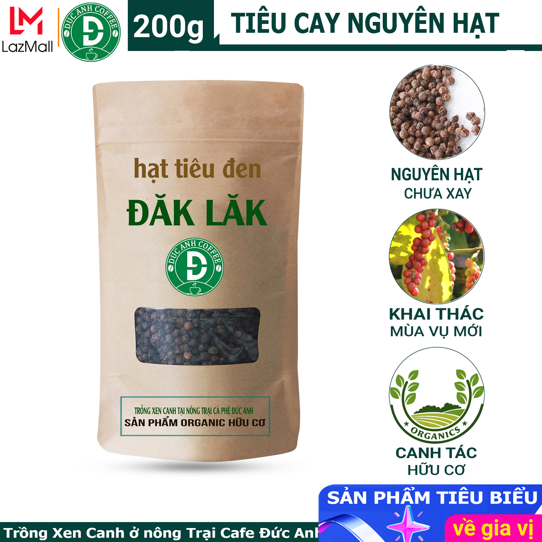 [sale trợ giá] Gói 200g tiêu Hạt sạch, tiêu hữu cơ Tiêu cay, thơm chất lượng được trồng xen canh nông trại công ty cafe Đức Anh - TOP BAN CHAY