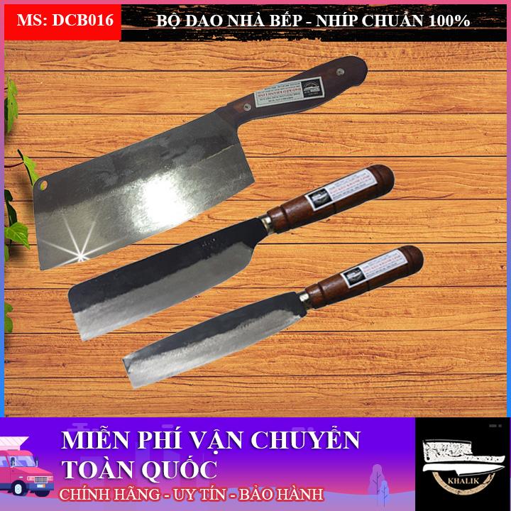 Bộ 03 dao bếp, dao chặt vuông cán ốp, dao thái to, dao thái gọt nhỏ (dao phở chặt cán ốp, dao bài thái, dao chuối bột), dao nhíp xe, cán gỗ lim - Dao Đa Sỹ, Khánh Linh - DCB016