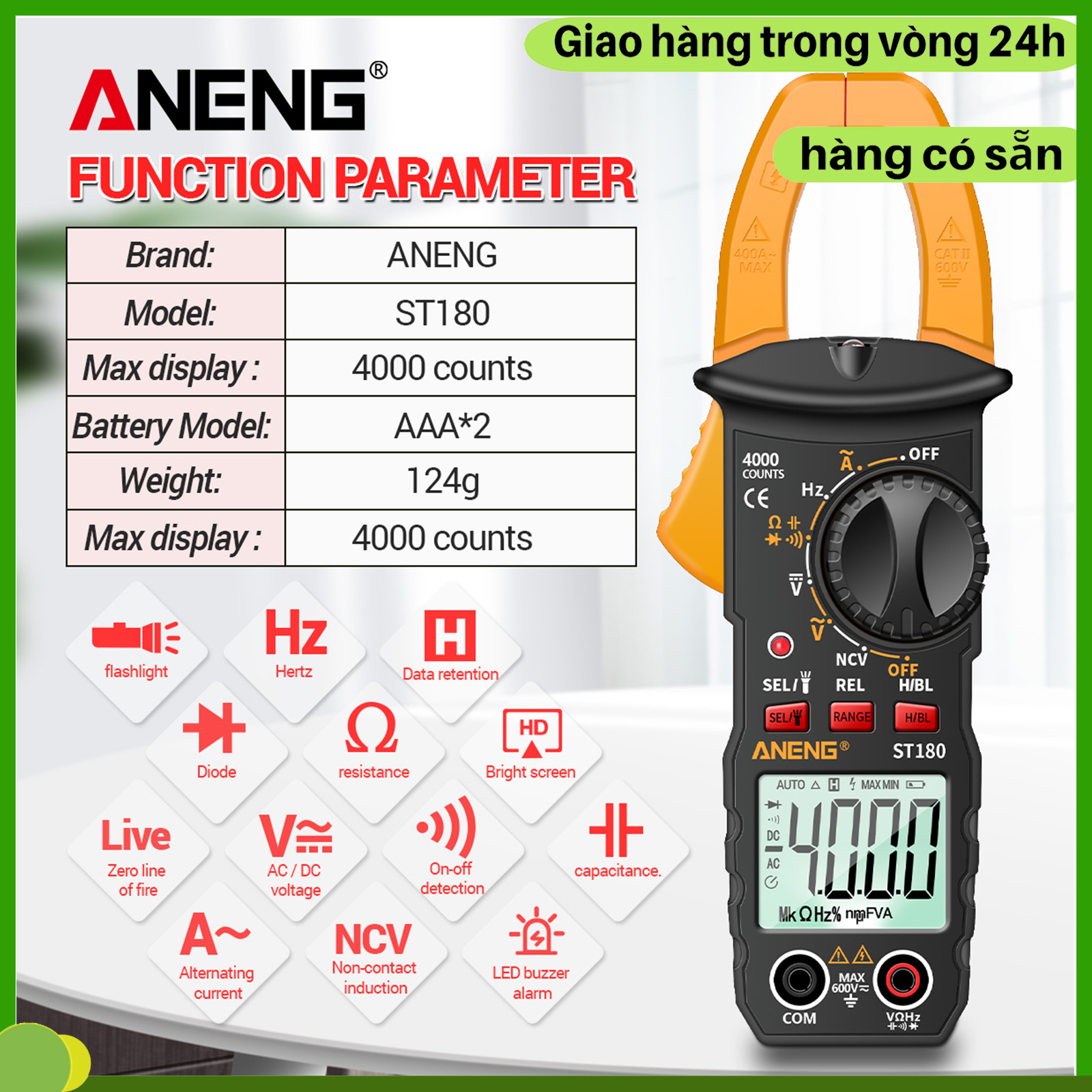 Đồng hồ vạn năng dạng kẹp màn hình kỹ thuật số st180 4000 số đếm aneng