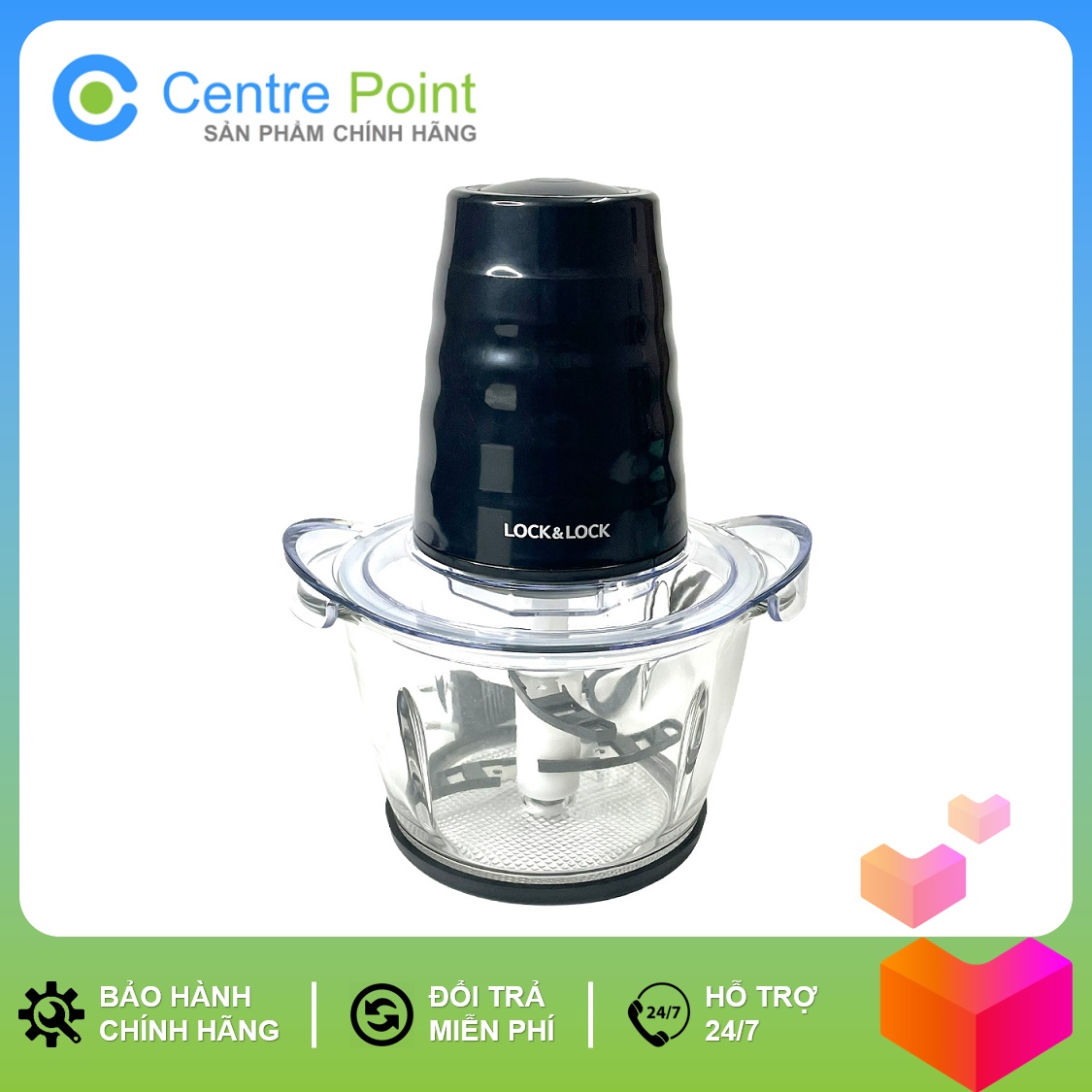 Máy xay thịt cao cấp Lock&Lock EJM156BLK - Dung tích 1L - Cối thủy tinh - Lưỡi dao kép - Công suất 400W - Bảo hành 12 tháng