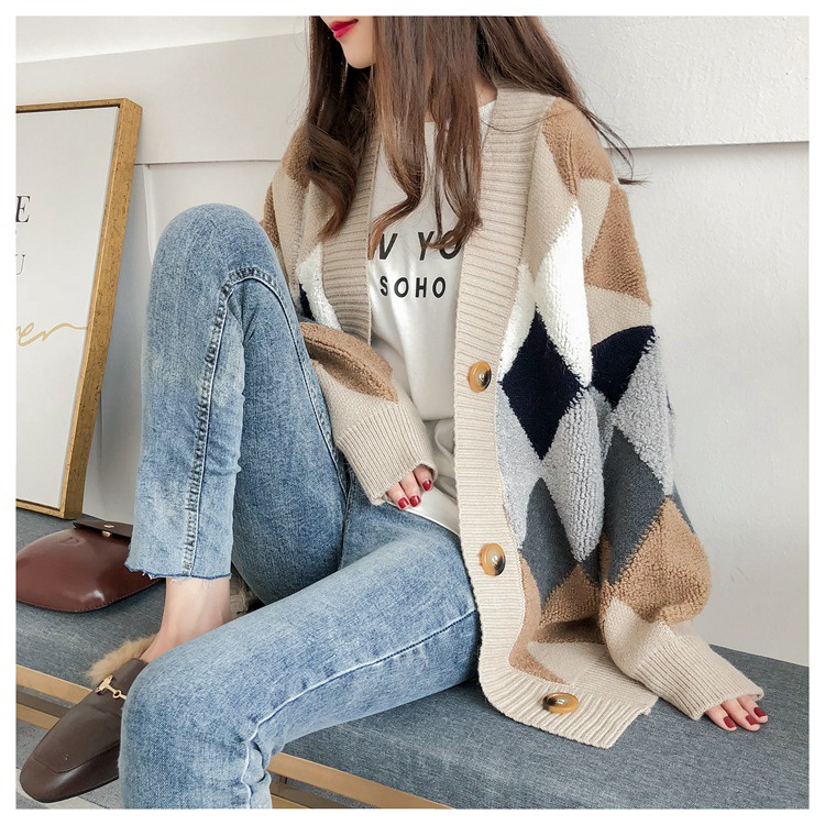 Áo khoác len nữ cardigan họa tiết caro phối màu dáng rộng - mẫu mới nhất 2021 D&H STORE ALCARO32