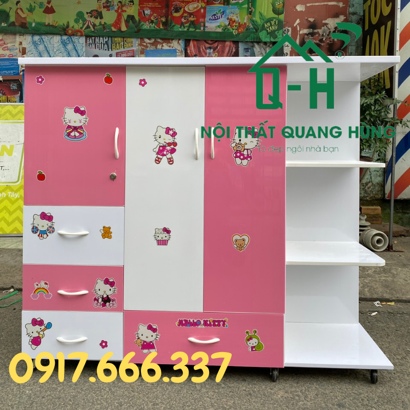 Tủ nhựa đài loan 3 cánh 4 ngăn có kệ màu hồng trắng dành cho bé