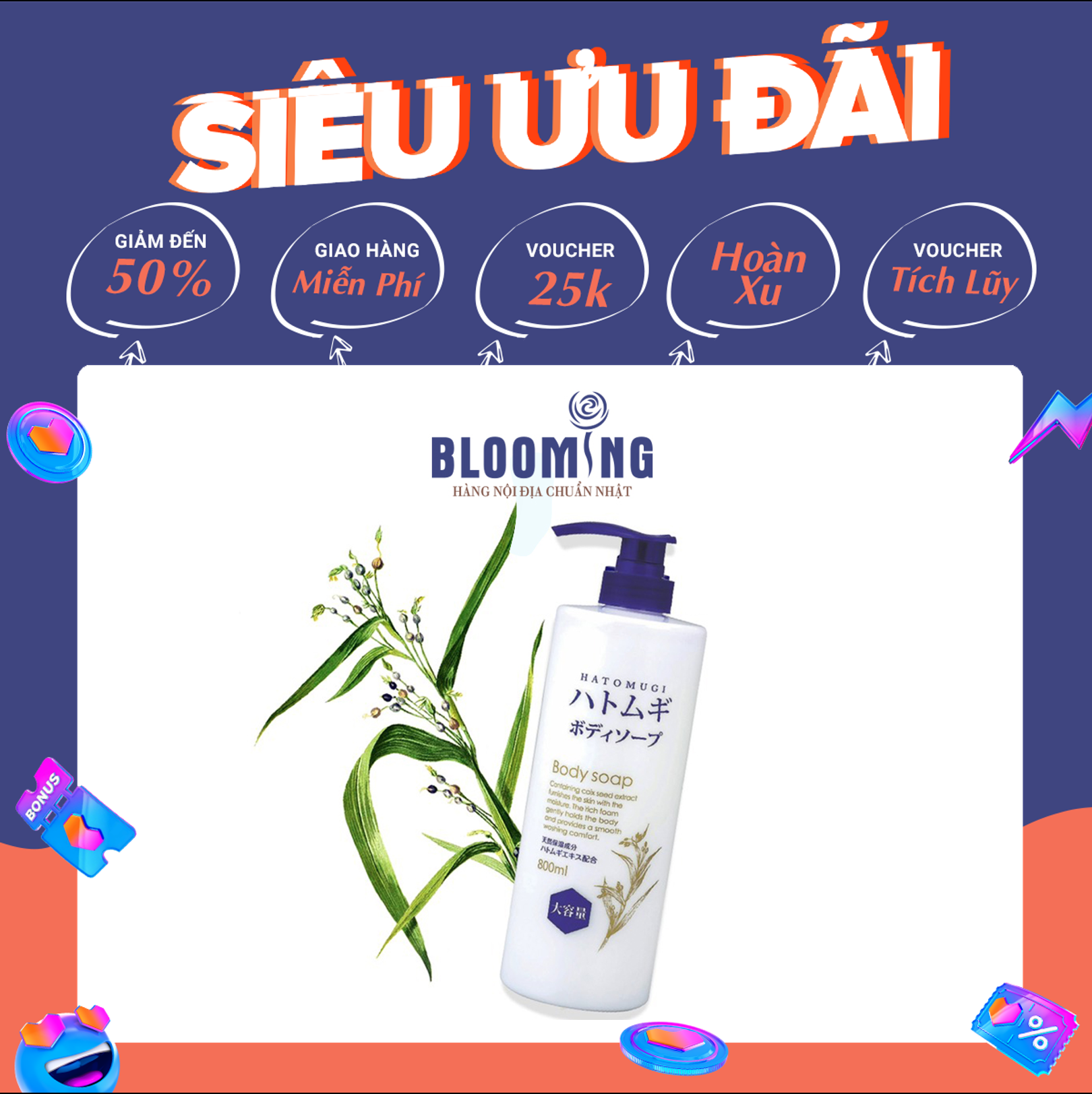 Sữa Tắm Sáng Da HATOMUGI Moisturizing & Washing Bông Vàng (800ml) - Mỹ Phẩm Nội Địa Nhật Blooming Shop, Chiết Xuất Hạt Ý Dĩ