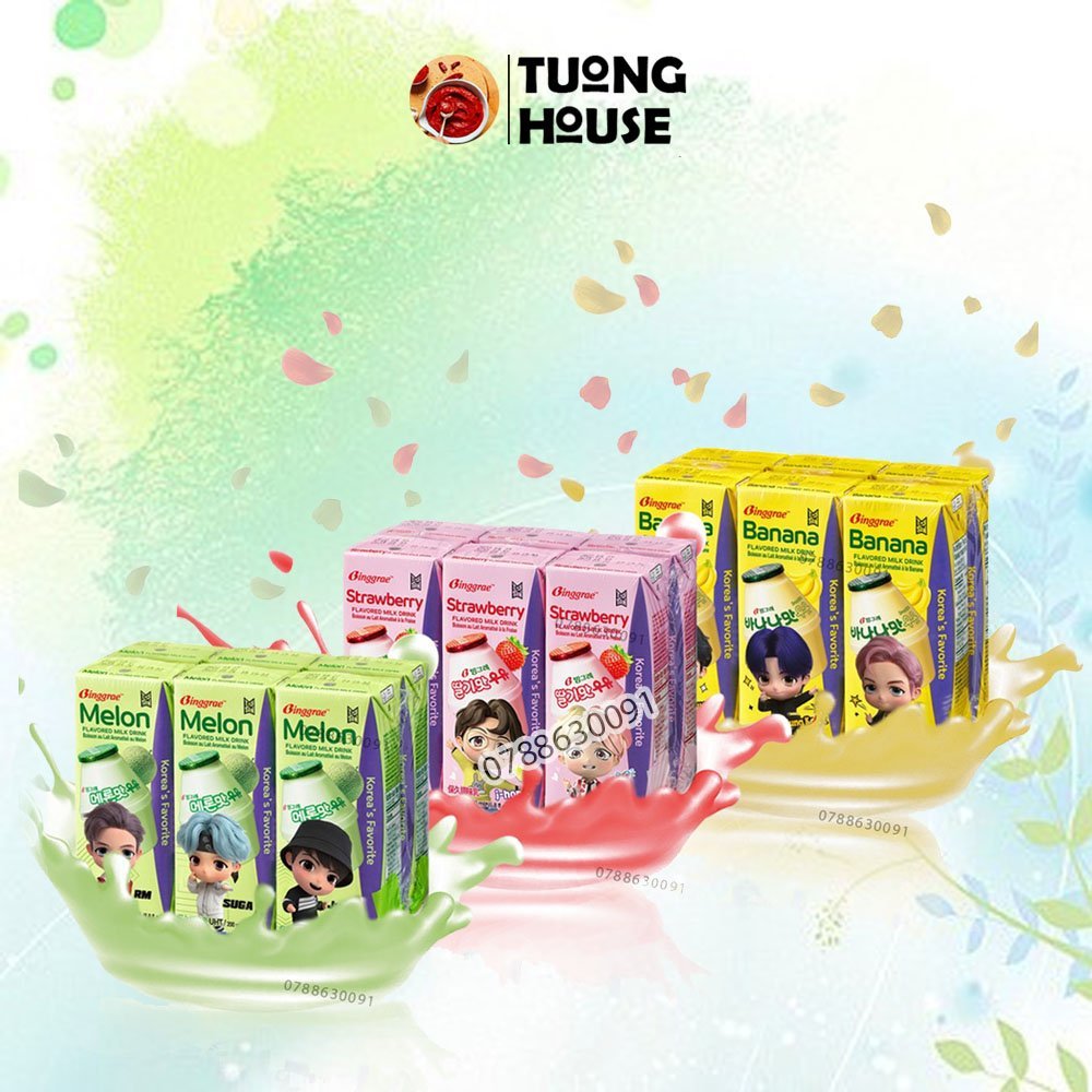 Sữa hàn quốc binggrae lốc 6 hộp vị dưa lưới - cà phê - vani - chuối - dâu