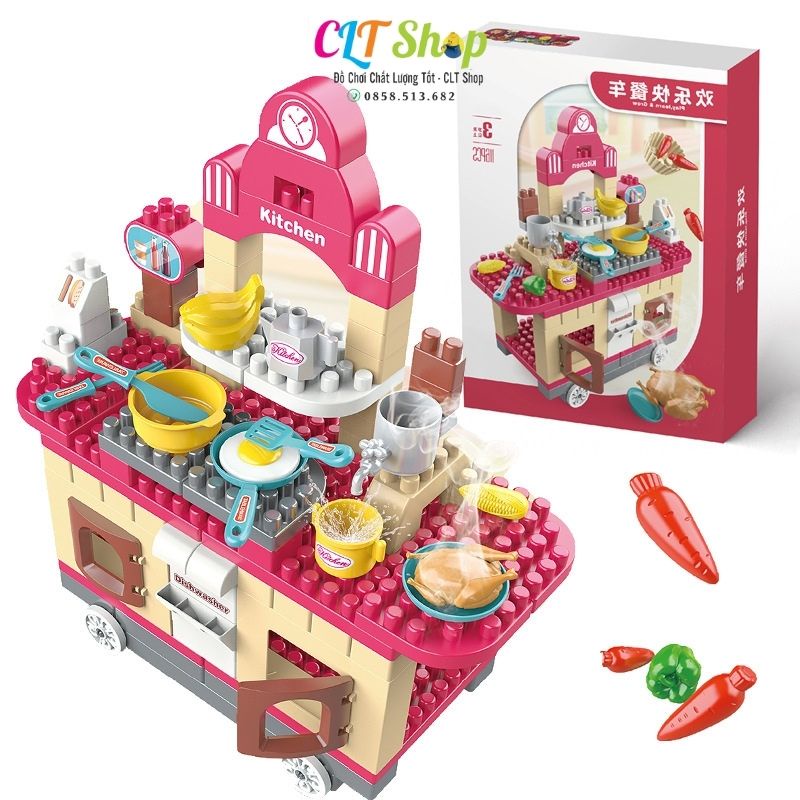 Đồ chơi xếp hình lắp ráp xe đẩy bán đồ ăn, lego duplo đồ chơi nấu ăn nhà bếp cho bé thông minh sáng tạo