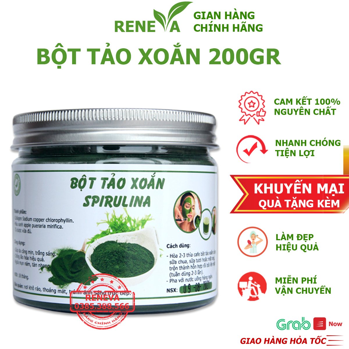 Tảo Diệp Lục Collagen, Bột Tảo Xoắn Đắp Mặt Nguyên Chất Từ Thiên Nhiên, Trắng Da, Mịn Màng An Toàn Hiệu Quả RENEVA