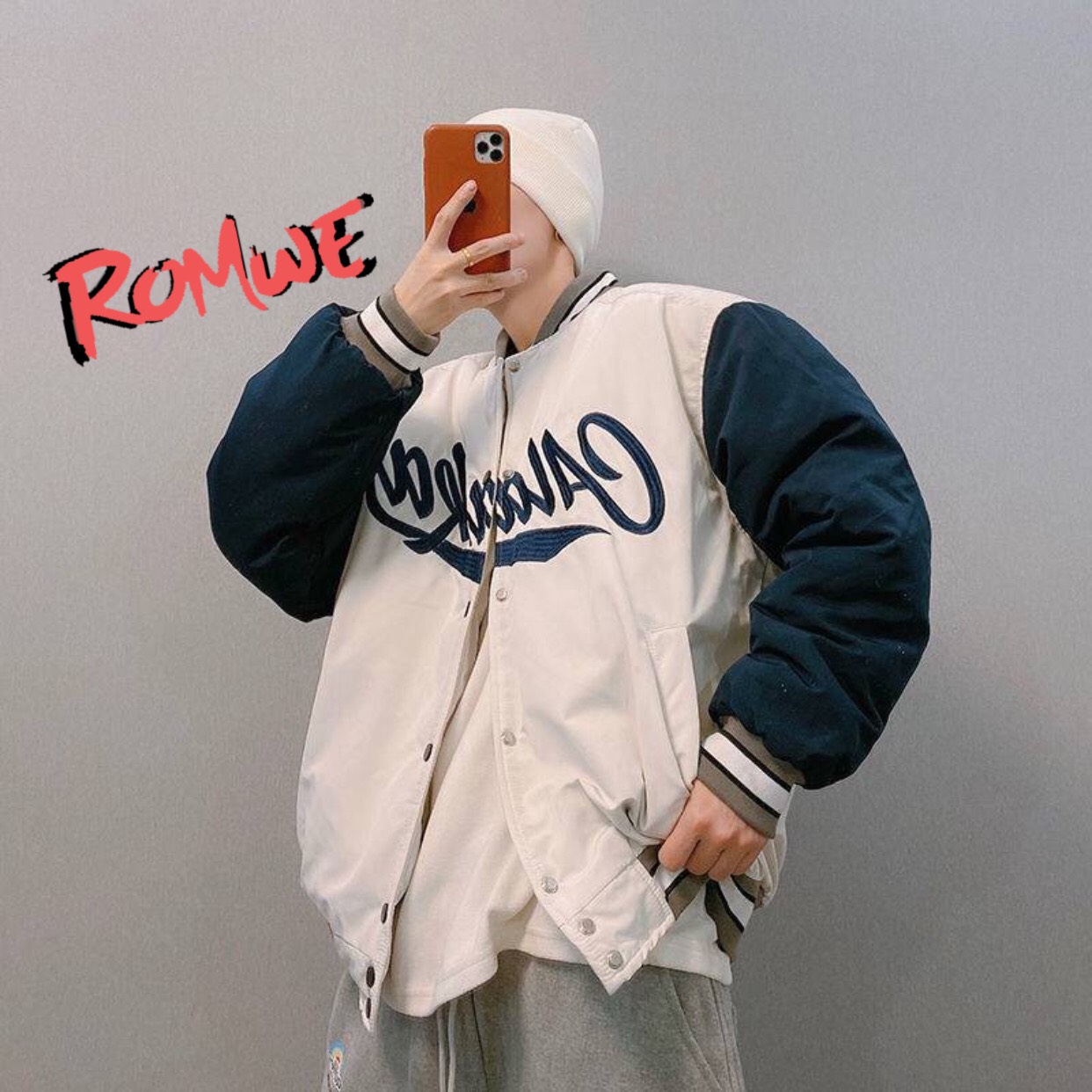 Áo jacket bomber romwe họa tiết ALASKA phối tay form rộng chất nỉ tricos dày dáng ulzzang