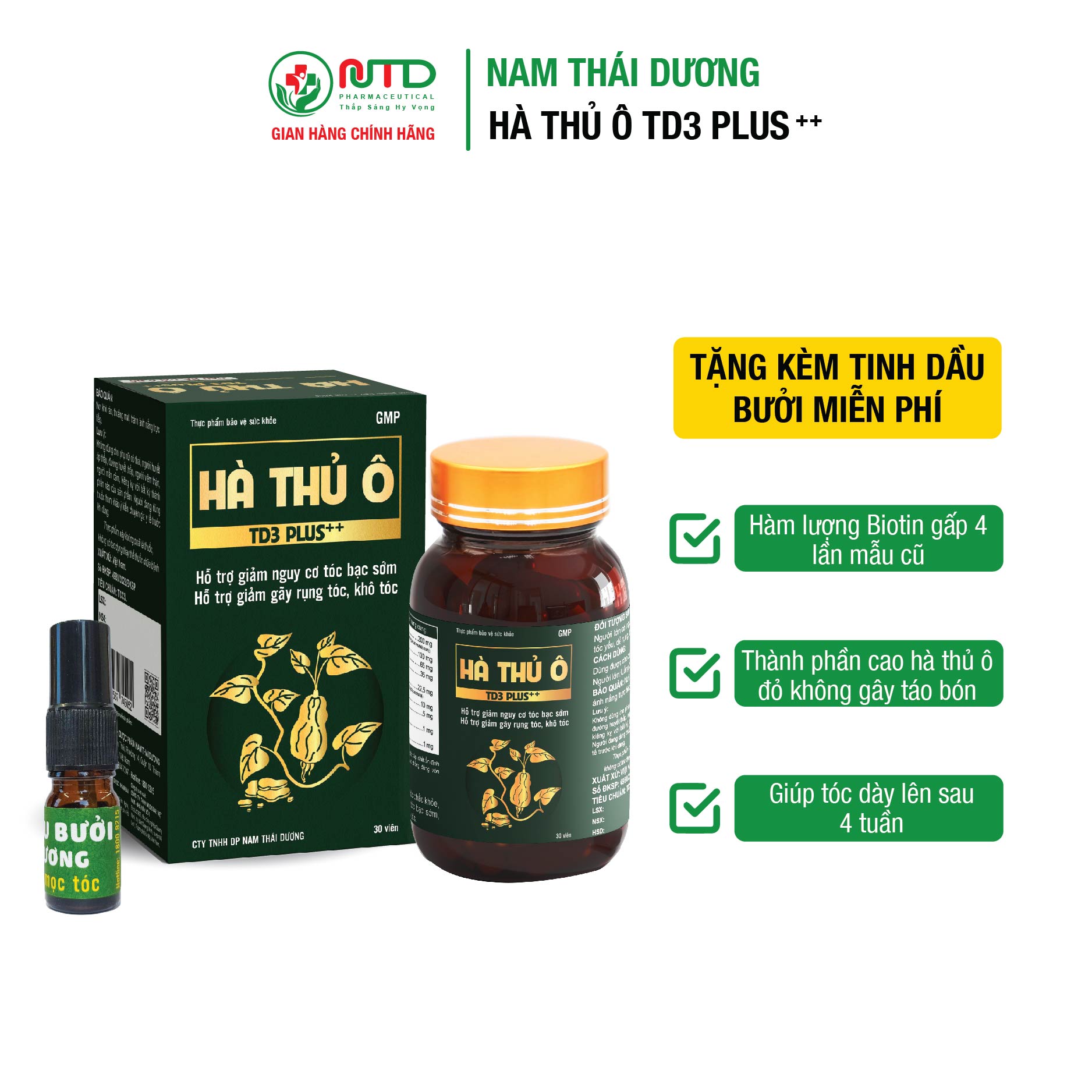 (Tặng tin dầu bưởi) Hà Thủ Ô TD3 plus lọ 30 viên - Biotin gấp 4 lần mẫu cũ (2 tuần giảm rụng).