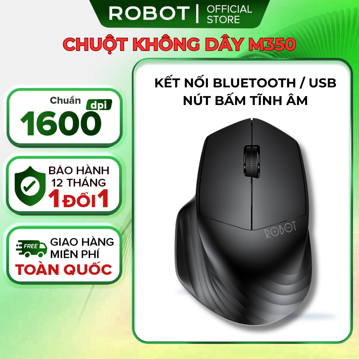 Chuột bluetooth Robot M350 chuột kết nối không dây bluetooth và usb chuyển đổi linh hoạt thiết kế tĩnh âm silent nhấp im lặng nhỏ gọn tiện dụng độ chính xác cao cho máy tính xách tay laptop pc phù hợp văn phòng học online l hàng chính hãng