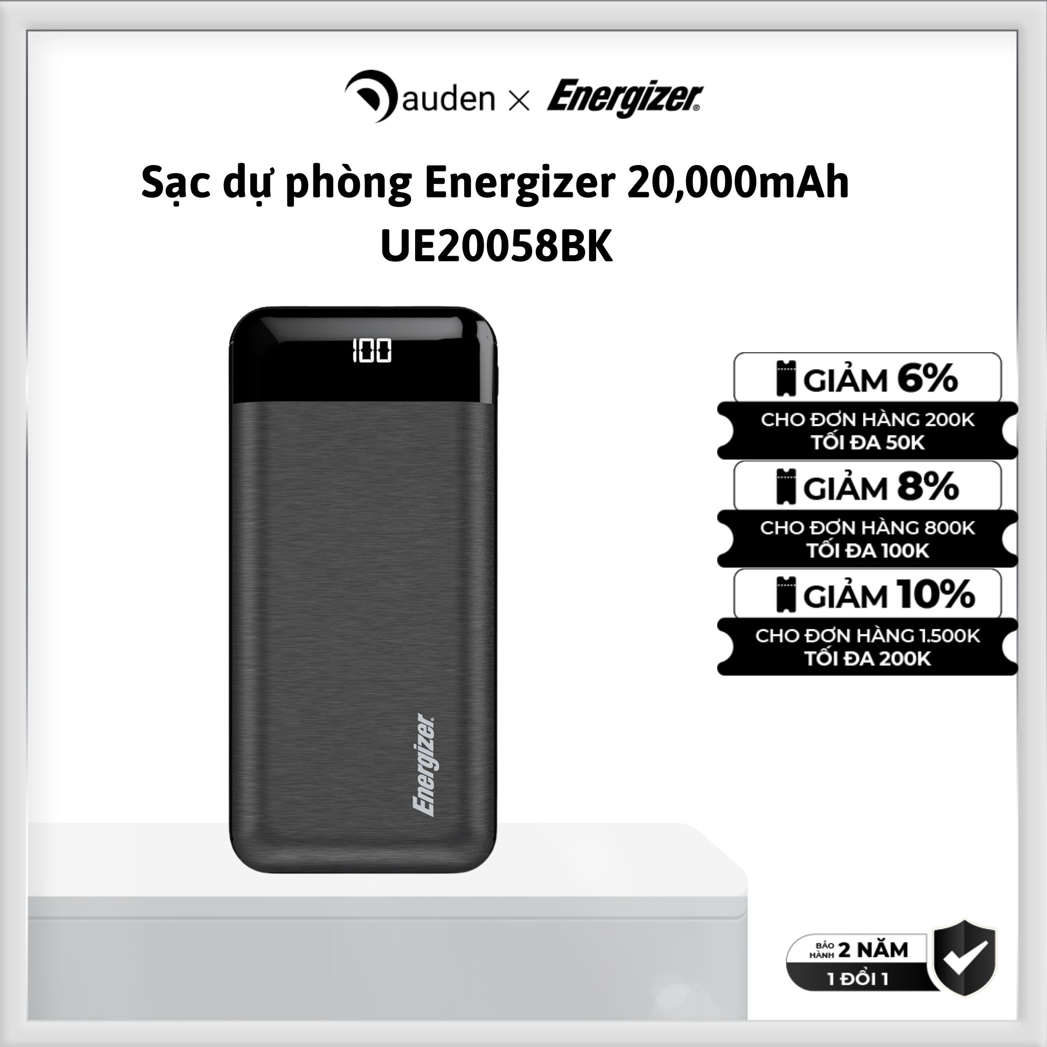 Pin dự phòng energizer 20,000mah ue20058bk - hàng chính hãng bảo hành 2 năm 1 đổi 1