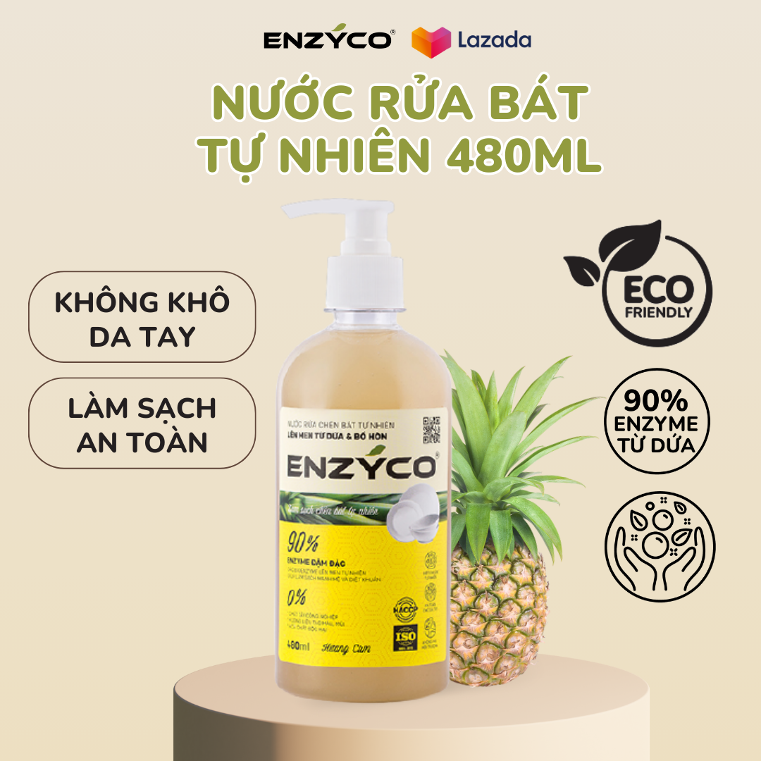 Nước rửa chén sinh học ENZYCO chai 480ML - 90% Enzyme từ dứa giúp làm sạch mạnh mẽ, diệt khuẩn, bảo vệ da tay, phù hợp người viêm da cơ địa - Hương cam