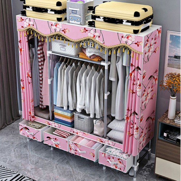 Tủ vải khung gỗ 3 buồng 6 ngăn , 2 buồng 4 ngăn tủ kệ đựng quần áo khung gỗ cỡ lớn loại 1