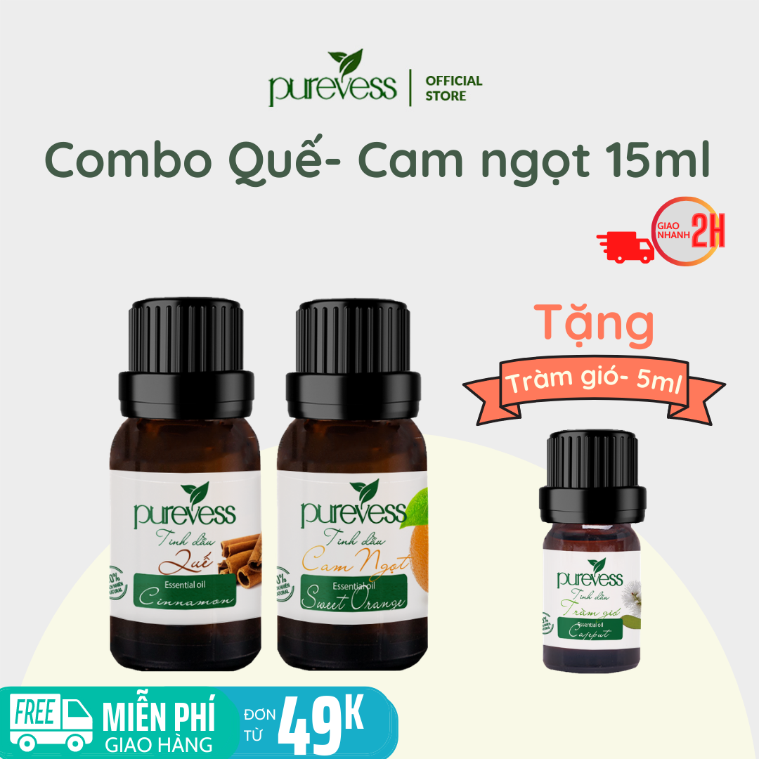 Tinh dầu xông phòng Purevess, tinh dầu Quế 15ml, tinh dầu Cam Ngọt 15ml, tặng tinh dầu Tràm 5ml