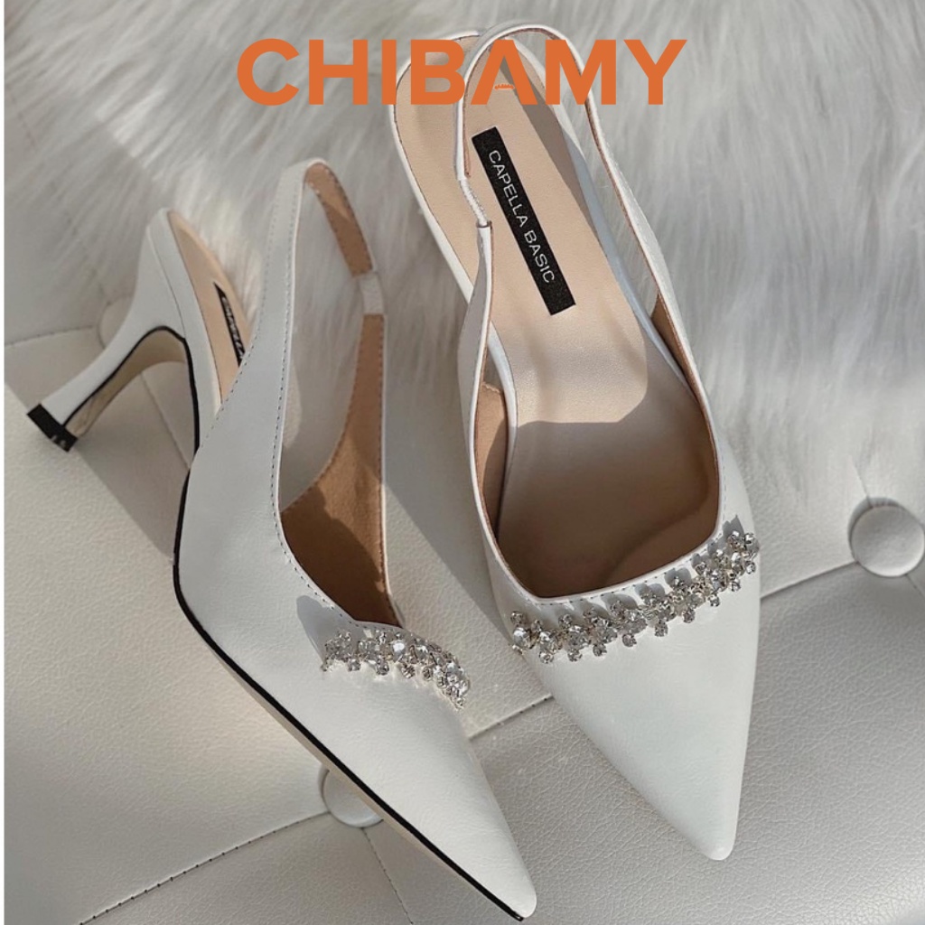 Giày cao gót nữ bít mũi đính dây đá CHIBAMY, giày cưới gót nhọn 8cm chất da mềm mã H04