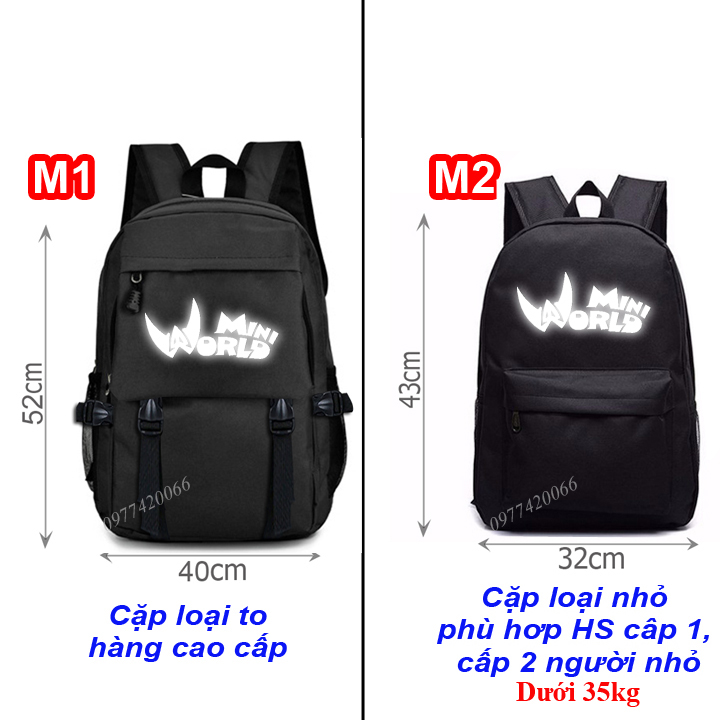 Cặp Mini World, balo game Mini World - phản quang, phụ kiện game mini world, balo loại cao cấp may 3 lớp 4 ngăn ( có ngặn đựng laptop),