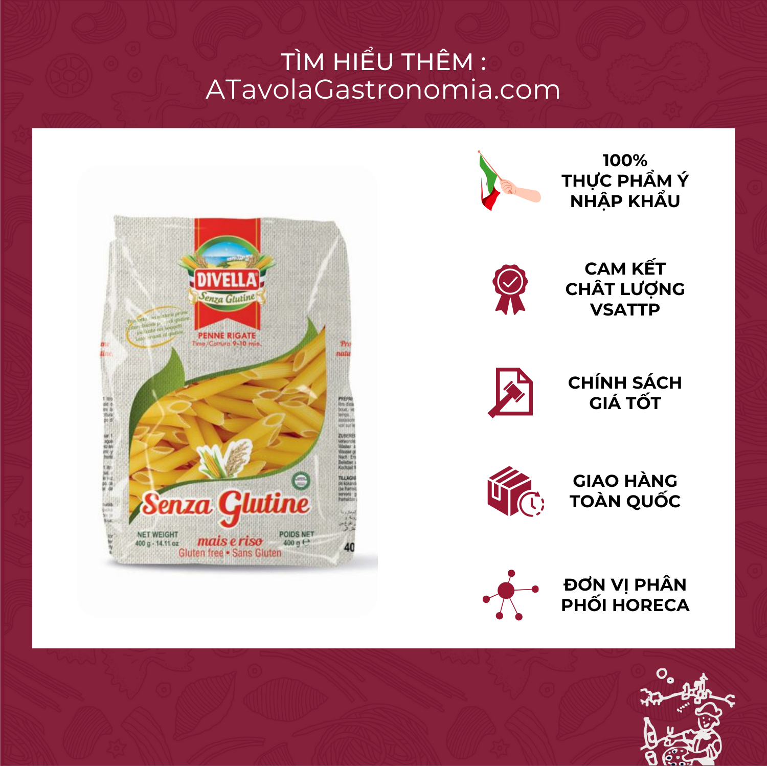 Mì Ý Nui Gluten Free Penne Ziti Rigate ống DIVELLA gói 400g [Mỳ Ý Pasta không chứa gluten Chính Hãng]