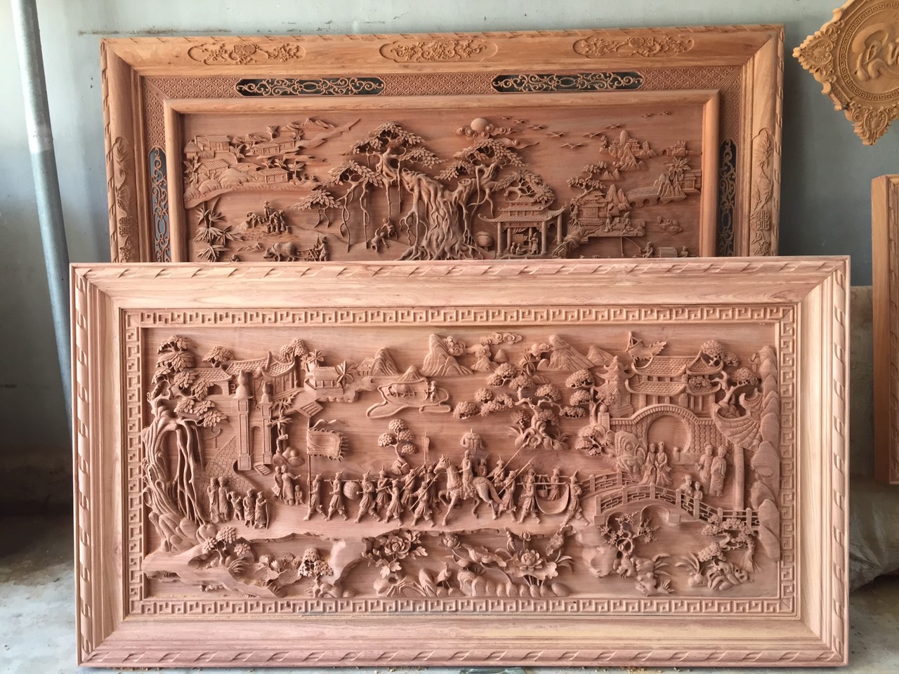 Tranh vinh quy bái tổ gỗ hương đá liền khối 217x117x8