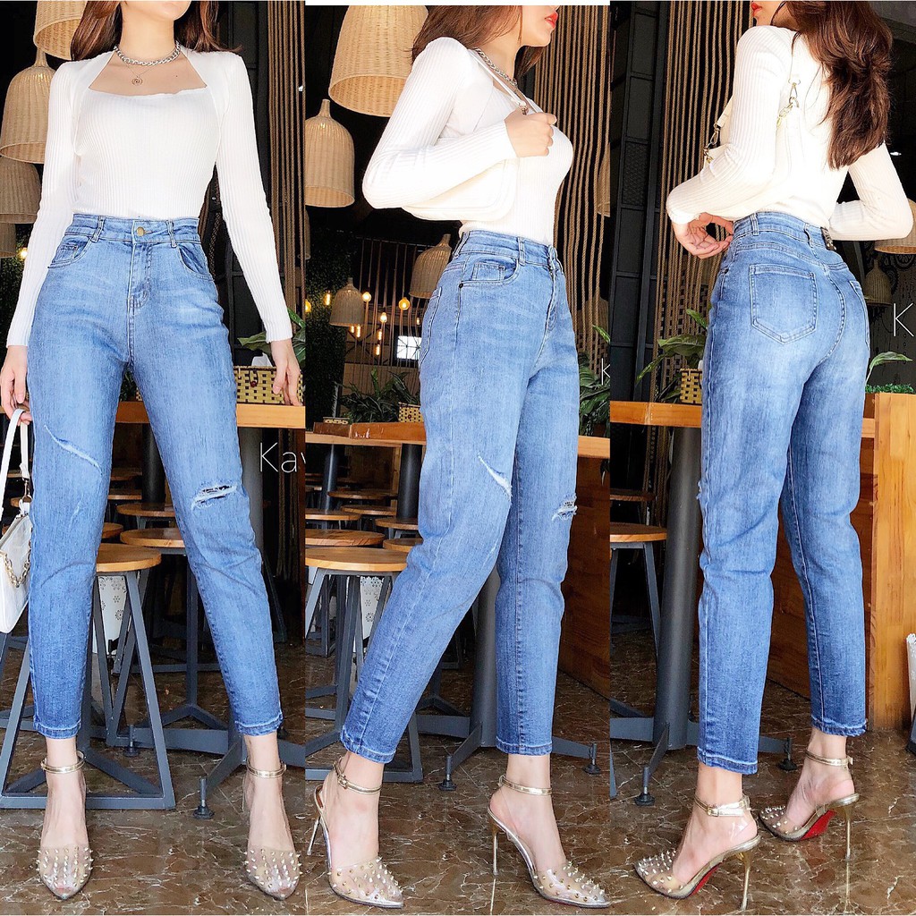 Quần jean nữ cạp cao trên rốn - quần bò nữ siêu co giãn dáng boy rách